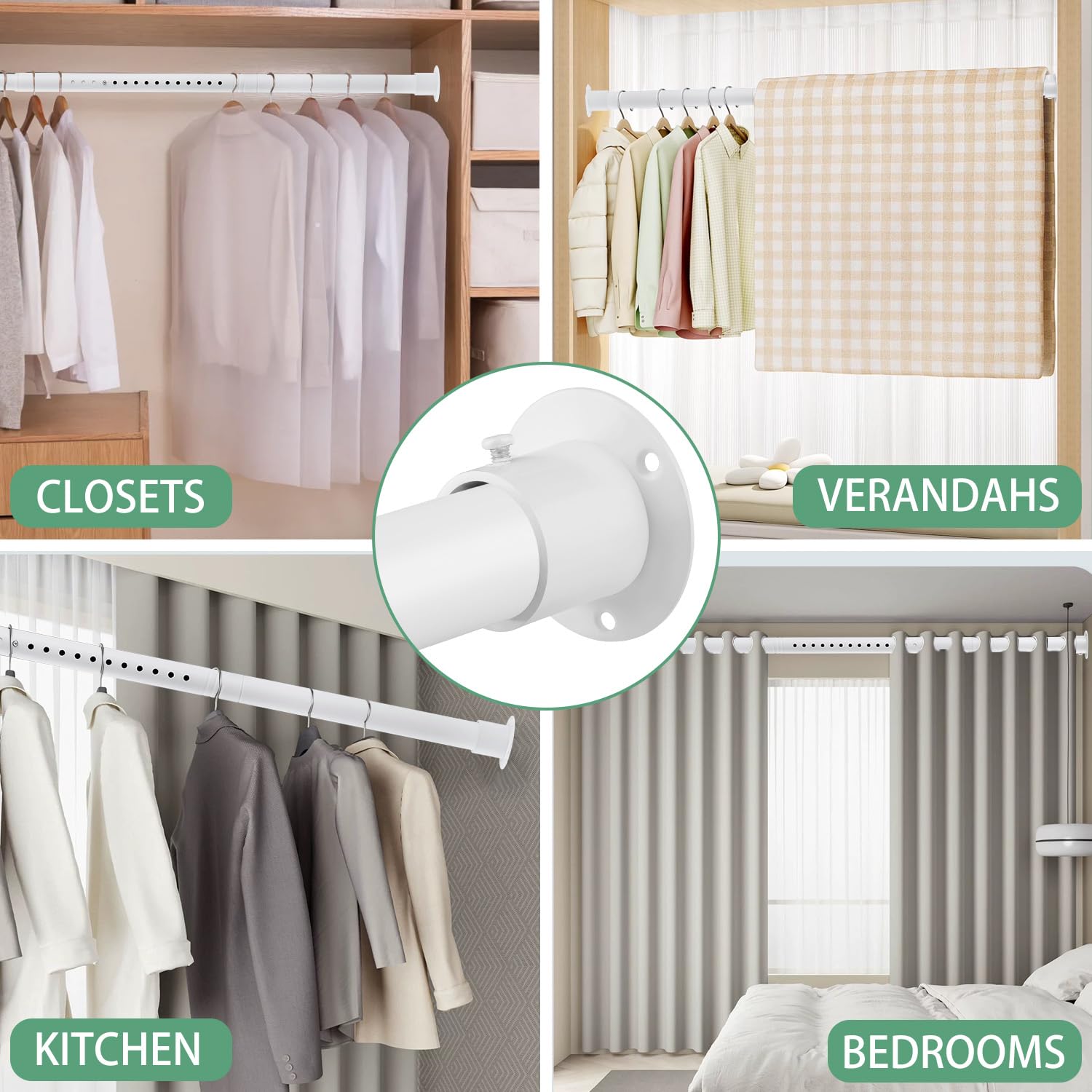 Closet Rods for Hanging Clothes, 1.3 Inch Diameter Heavy Duty Closet Rod 17-75 Inches Adjustable Clothes Hanging Bar Matte White Shower Curtain Rods for Closet, Wardrobes, Bathroom, Windows