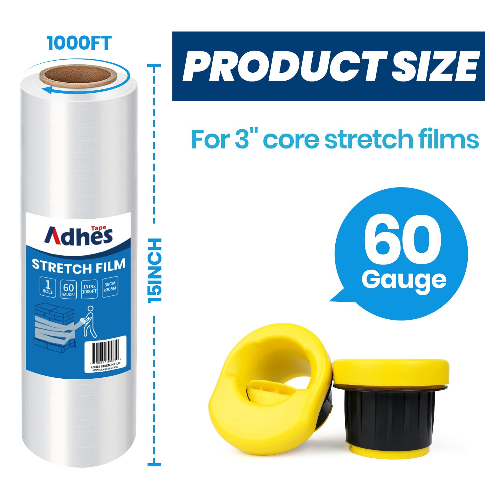 ADHES Heavy Duty Shrink Wrap Roll, 15 Inch x 1000 Feet, Stretch Wrap Stretch Film, 60 Gauge Industrial Strength Plastic Moving Wrap for Pallet Wrap, Furniture Wrapping Moving & Protection