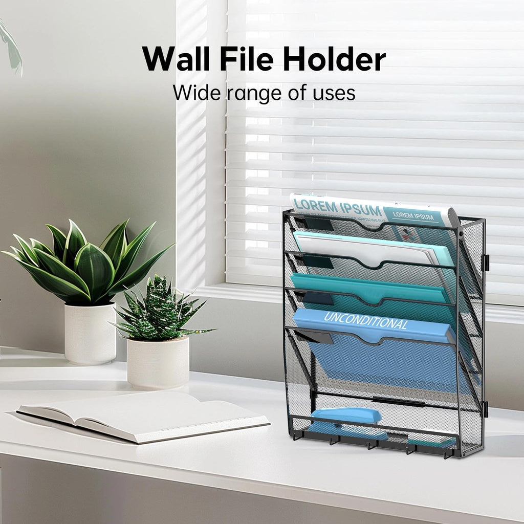 5-Tier Hanging Wall File Organizer with 5 Hooks, File Holder with Labels, Vertical Wall Mount Mail Organizer for Papers, Folders, Magazines, Office Organization, Assembly Needed, Black