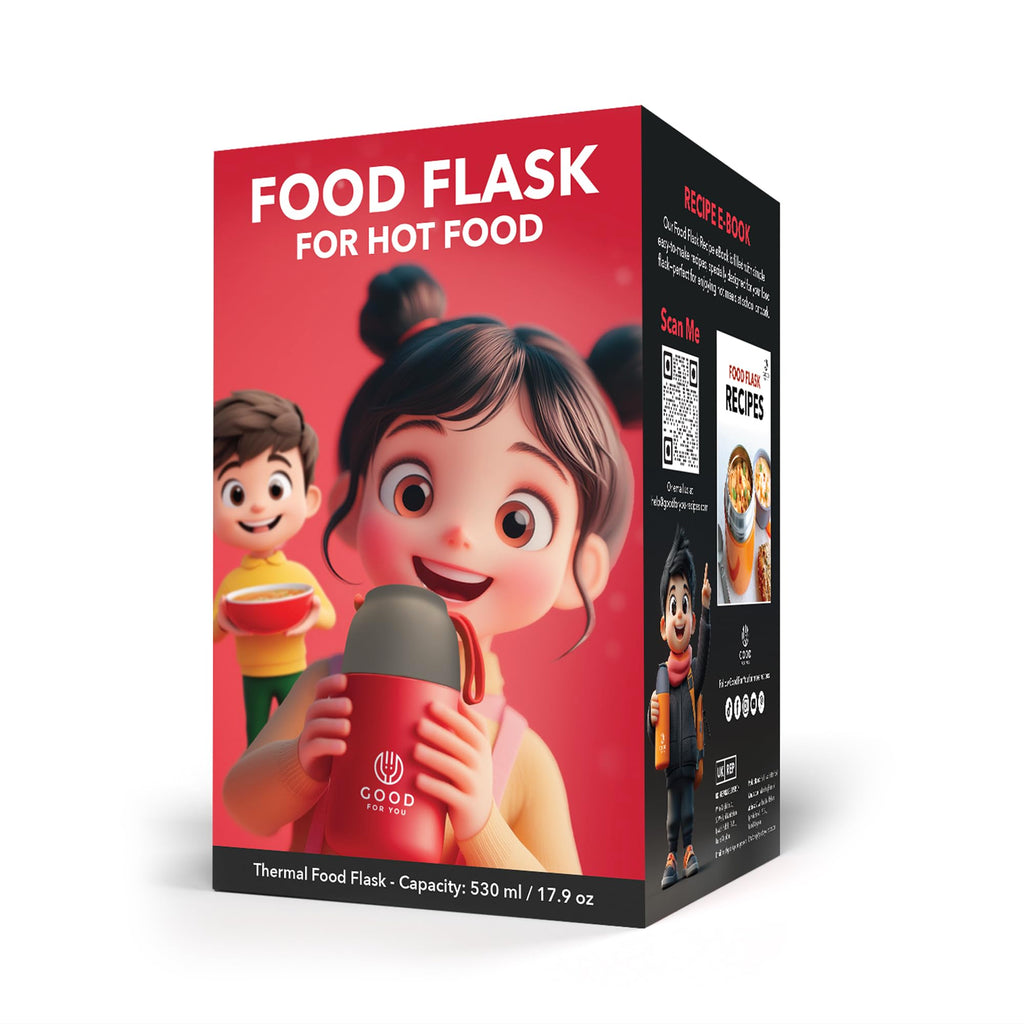 Insulated Food Flask - 530ml Stainless Steel Jar for Hot and Cold Meals – Double-Wall Insulation, Thermal Food Container for School, Office, Travel, Camping - Foldable Spoon, Bag - Red - 24.7 oz