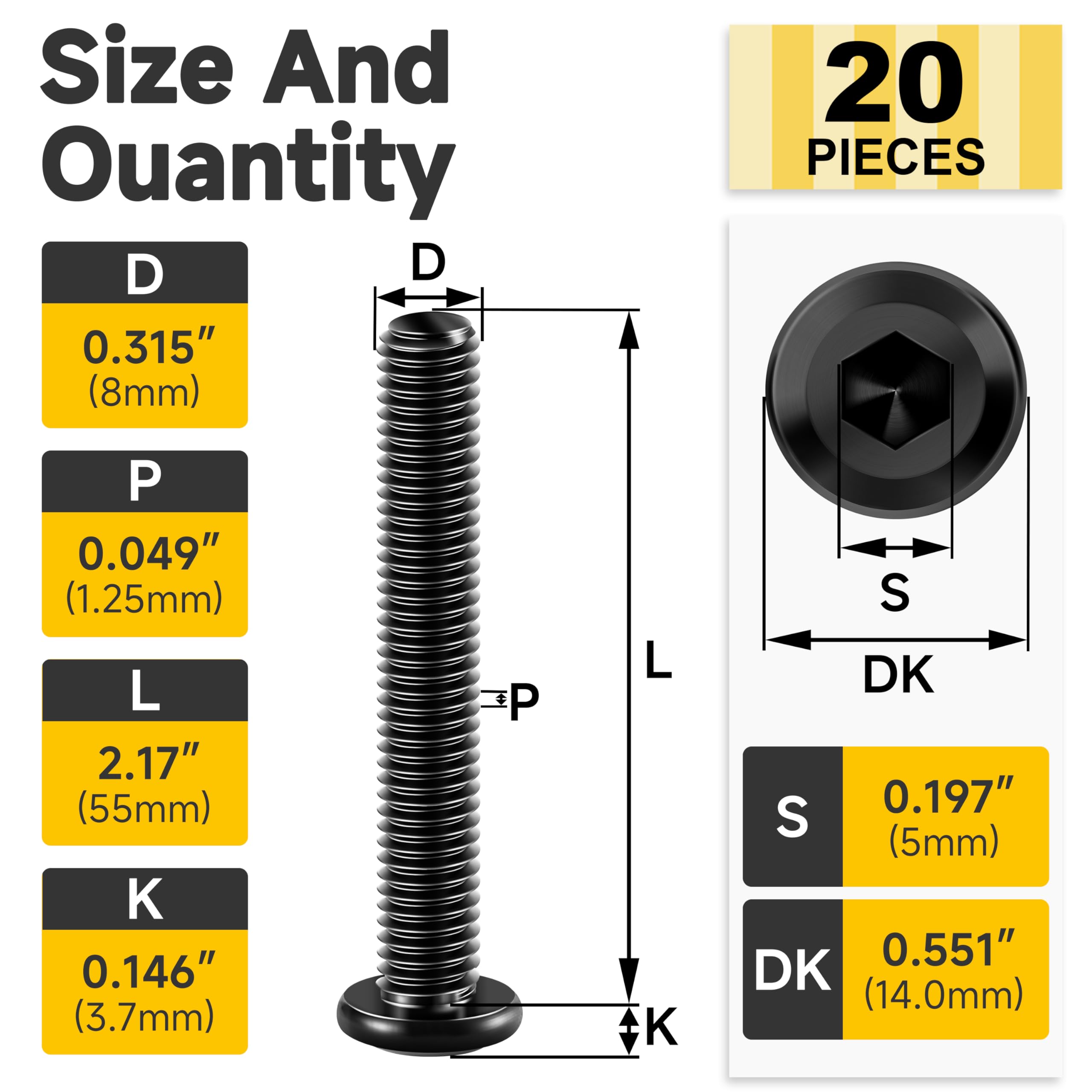 Mywish M8 x 55mm 20Pcs Flat Head Hex Socket Cap Screws Bolts, 304 Stainless Steel Furniture Bolts Full Thread, Black Oxide & Hex Spanner