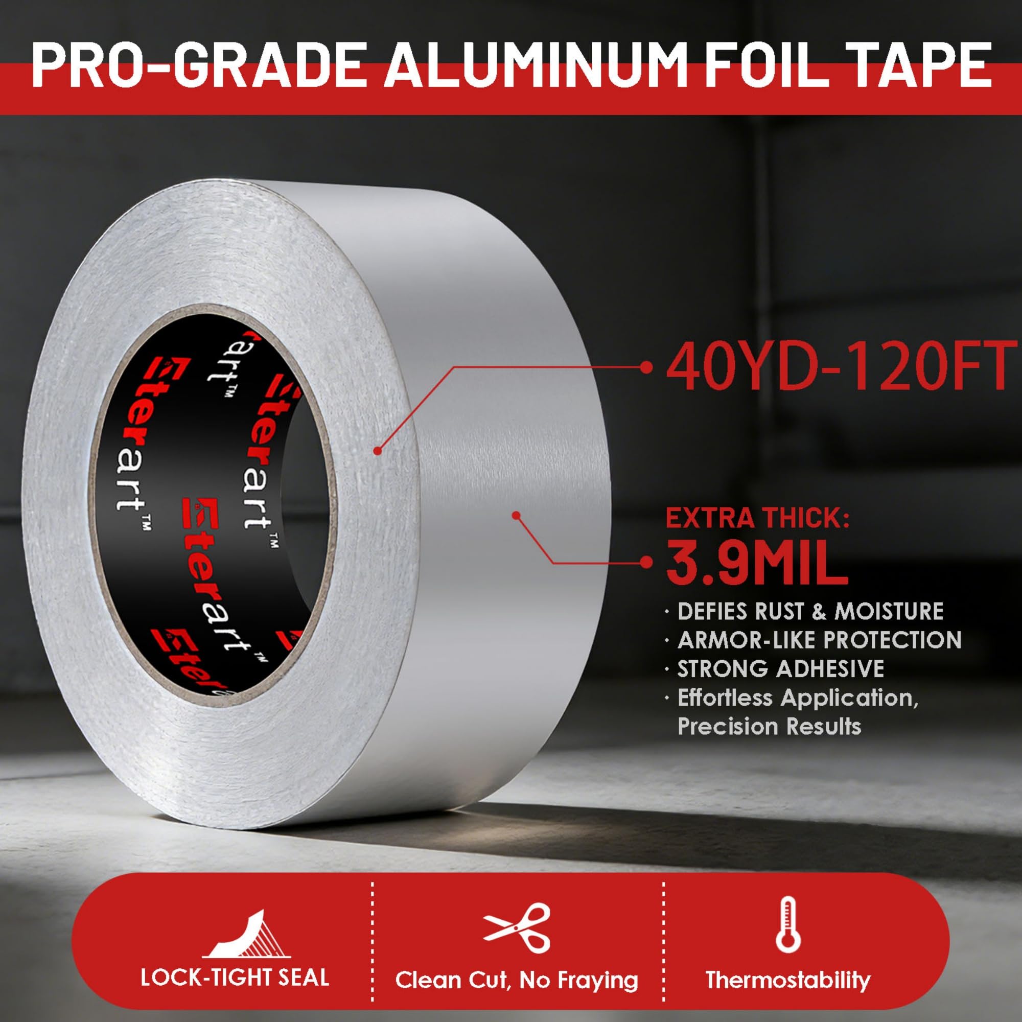 ETERART Aluminum Foil Duct Tape Heavy Duty,High Temperature Sealing and Patching,for HVAC,Air Ducts,Metal Repair, Foamboard,Insulation,Dryer Vent and More,2 Inch x 40 Yards,Silver