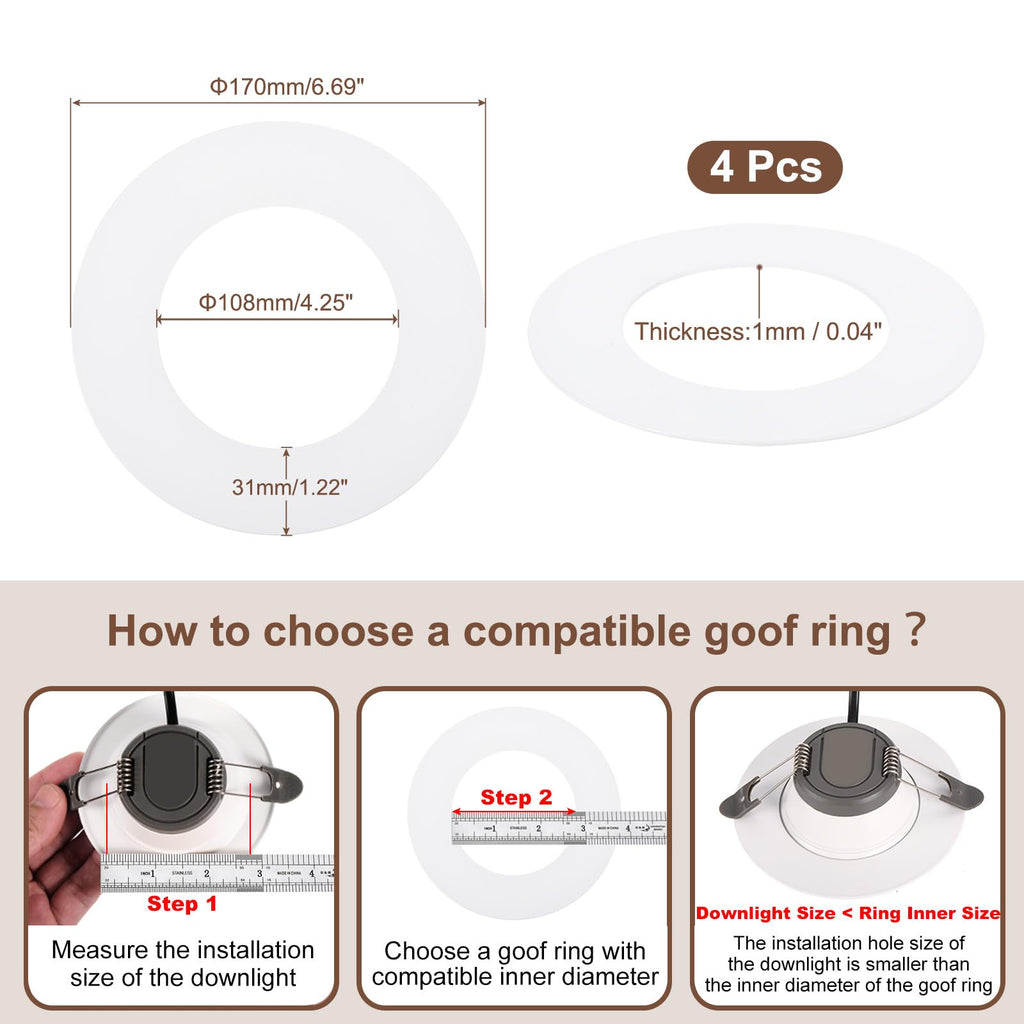 Awclub White Goof Trim Ring for 4 Inch Recessed Cans Downlights for Ceiling Light Fixtures, 4 Pack 4.3-Inch Inner Diameter, 6.7-Inch Outer Diameter, Steel Construction