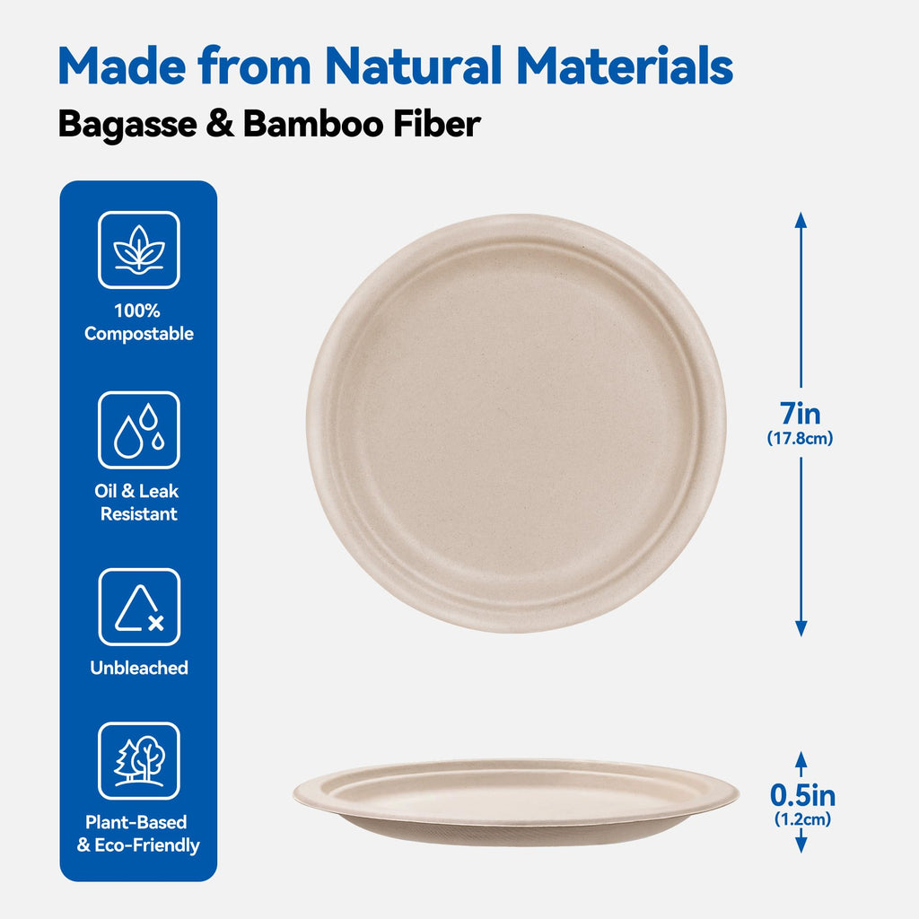 Leafory 7 Inch Compostable Paper Plates 100 Pack – Heavy Duty, Eco-Friendly, Biodegradable Sugarcane & Bamboo Fiber, Natural Disposable Plates for Party, Camping & Everyday Use