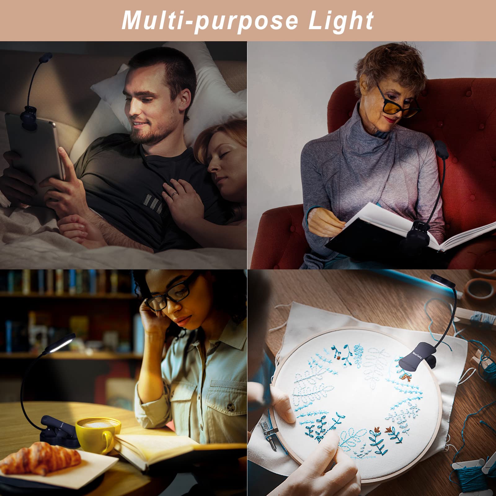Merisky Rechargeable Book Light, LED Clip on Reading Light for Book in Bed, 3 Color 3 Brightness, Up to 60 Hours Eye Care Reading Lamp, Warm & White, Perfect for Bed Headboard & Travel