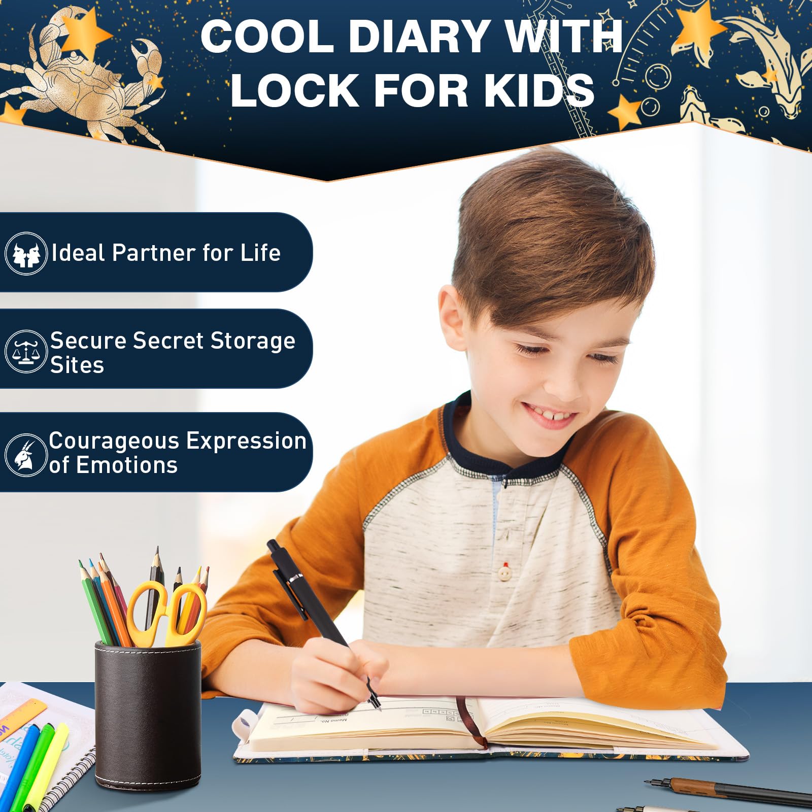 Diary with Lock for Boys, 192 Pages Journal for Men with Pen, Christmas Birthday Gifts for Teen Boys 8-18, A5 Vintage Mens Notebook Leather for Writing Travel Office