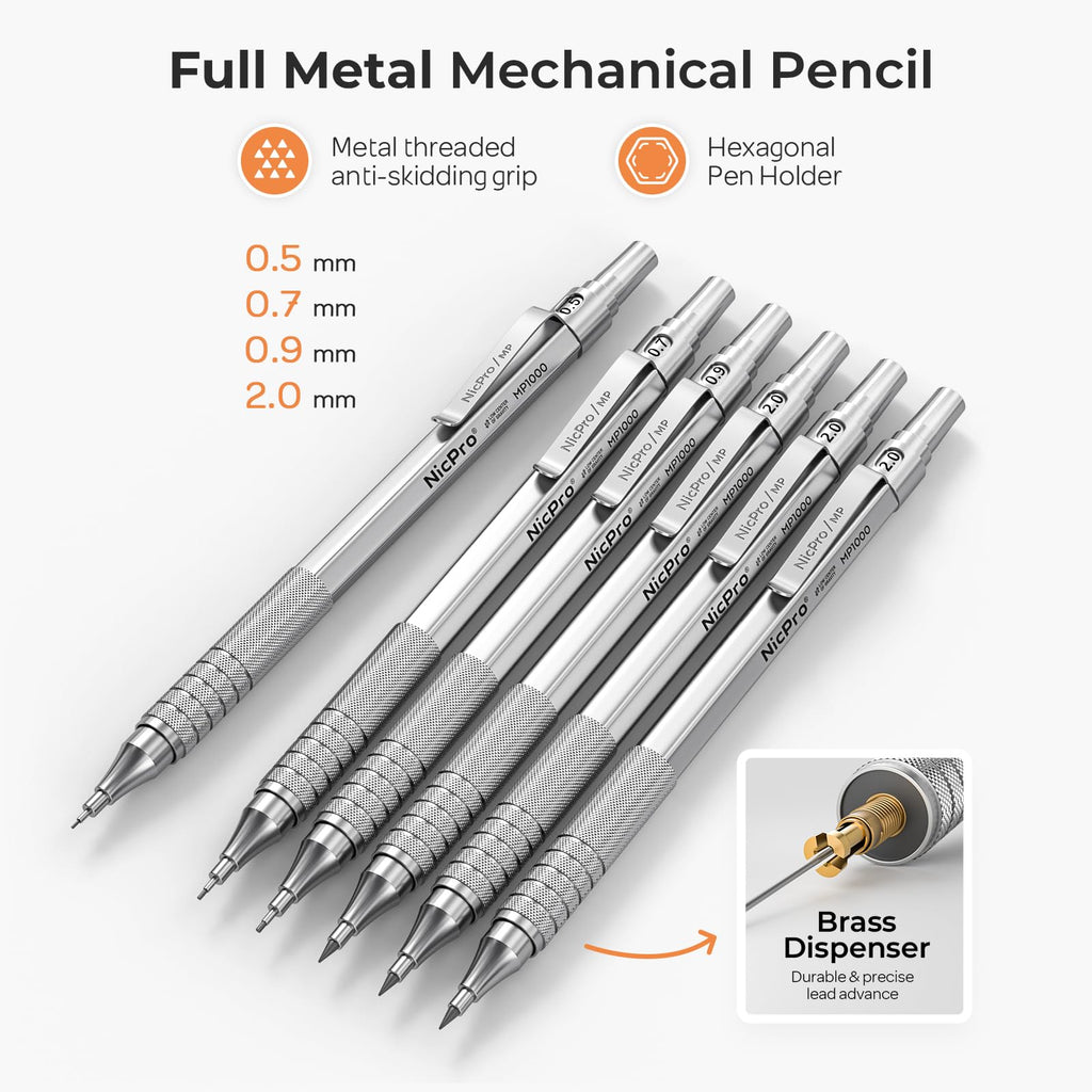 Nicpro 20PCS Metal Mechanical Pencil Set in Leather Case, 0.3, 0.5, 0.7, 0.9 mm & 2mm Lead Pencil Holders, 9 Tube (4B 2B HB 2H) Lead Refills(Black & Colors), Erasers For Art Drafting Sketching Drawing