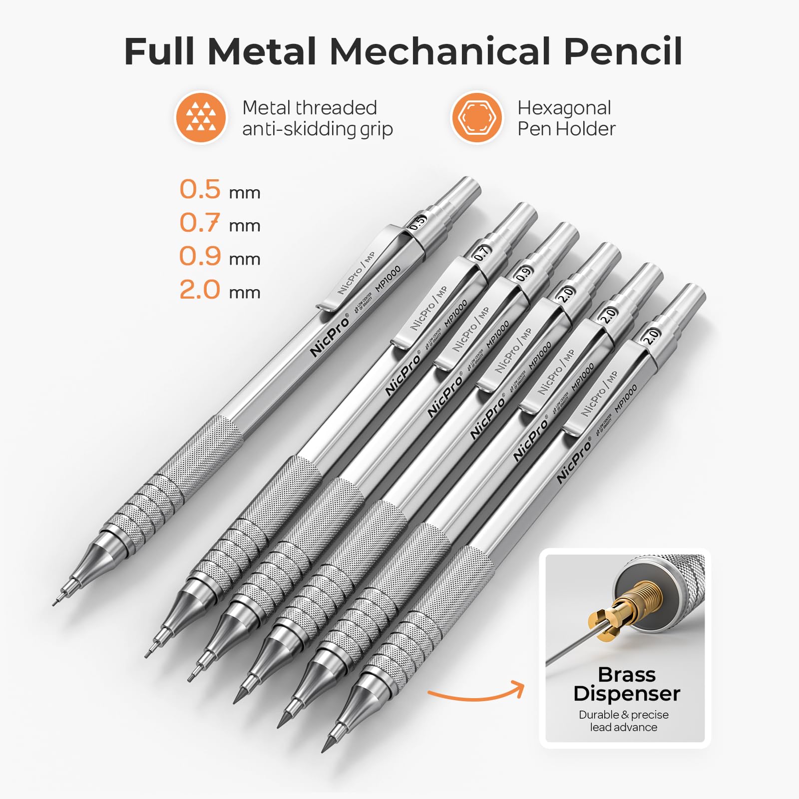 Nicpro 20PCS Metal Mechanical Pencil Set in Leather Case, 0.3, 0.5, 0.7, 0.9 mm & 2mm Lead Pencil Holders, 9 Tube (4B 2B HB 2H) Lead Refills(Black & Colors), Erasers For Art Drafting Sketching Drawing