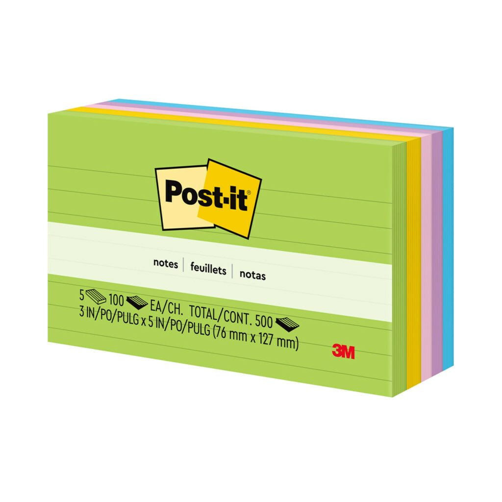 Post-it Notes Original Lined Sticky Notes, 3" x 5", 5 Pads, 100 Sheets/Pad, Jaipur Colours
