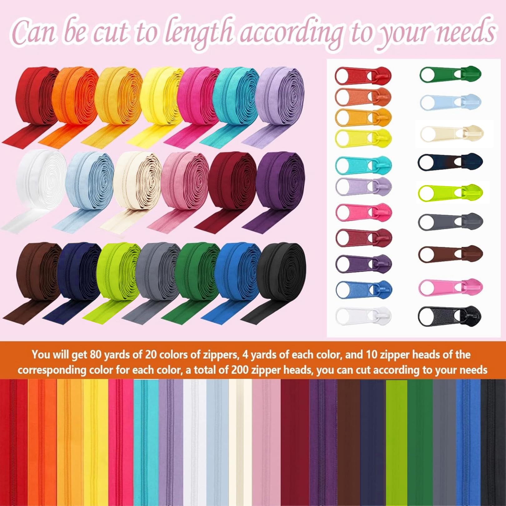 Amtvuzy 80 Yards 20 Colors Zipper,#3 Nylon Coil Zippers Bulk for Sewing,DIY Crafts and Tailoring With 200 Zipper Sliders,Zippers by The Yard for Clothes,Bags and Purse Making Supplies,etc.