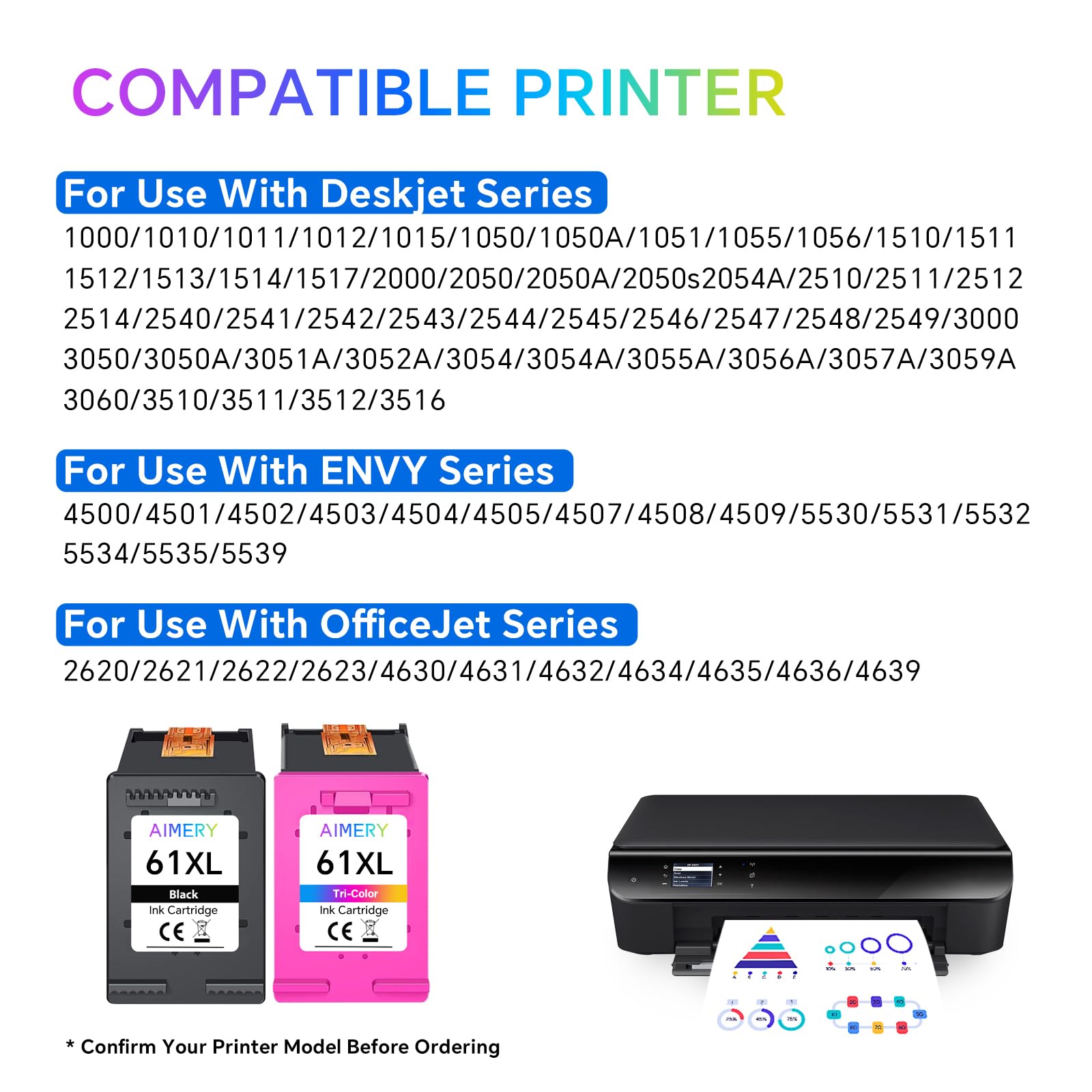 61XL Use for HP 61 Ink Cartridges 61 XL Printer Ink Compatible for HP Envy 4500 4502 5530 Officejet 4630 4635 Deskjet 1000 1010 1512 Color Printers Black & Color 2-Pack