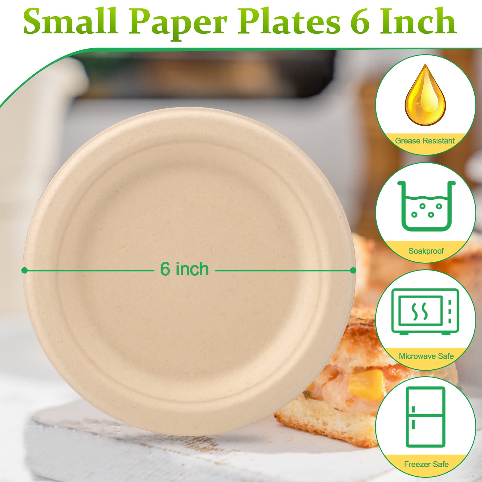 Greconv 300 Pack Paper Plates Bulk, Small Plates 6 inch, Dessert Paper Plates Disposable, Compostable Plates Made from Sugarcane Fibers, Recycled Plates, Brown