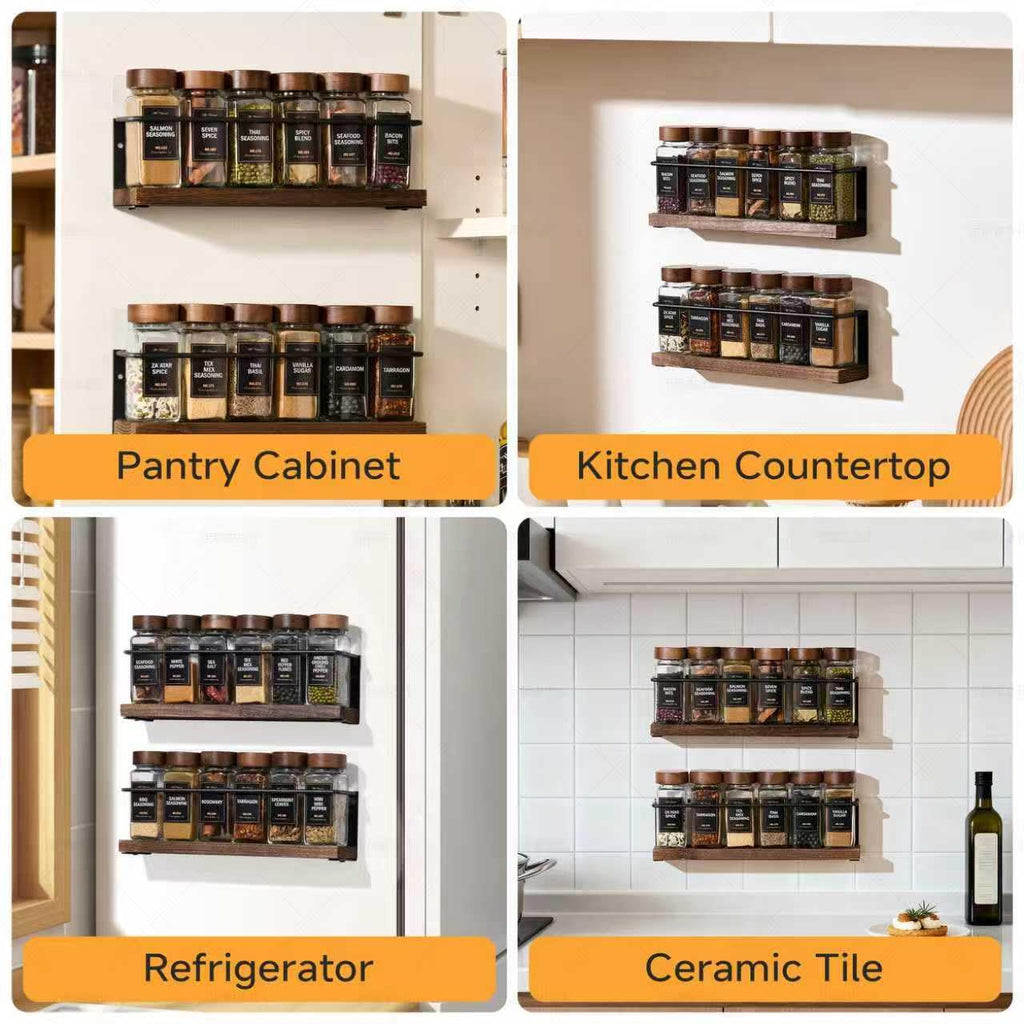 KitHero 4-Tier Wall Mount Spice Rack Organizer- Screw/Adhesive Mount, Black Metal & Wood Spice Storage for Kitchen Pantry Cabinet, 11.6”L x 2.4”W x 3.2”H