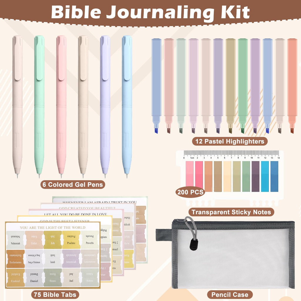 34 Pcs Bible Journaling Kit Bible Study Supplies with 75 Bible Tabs 12 Pastel No Bleed Highlighters 6 Gel Pens Transparent Sticky Notes Pencil Case Bible Study Accessories Kit for Journaling Supplies