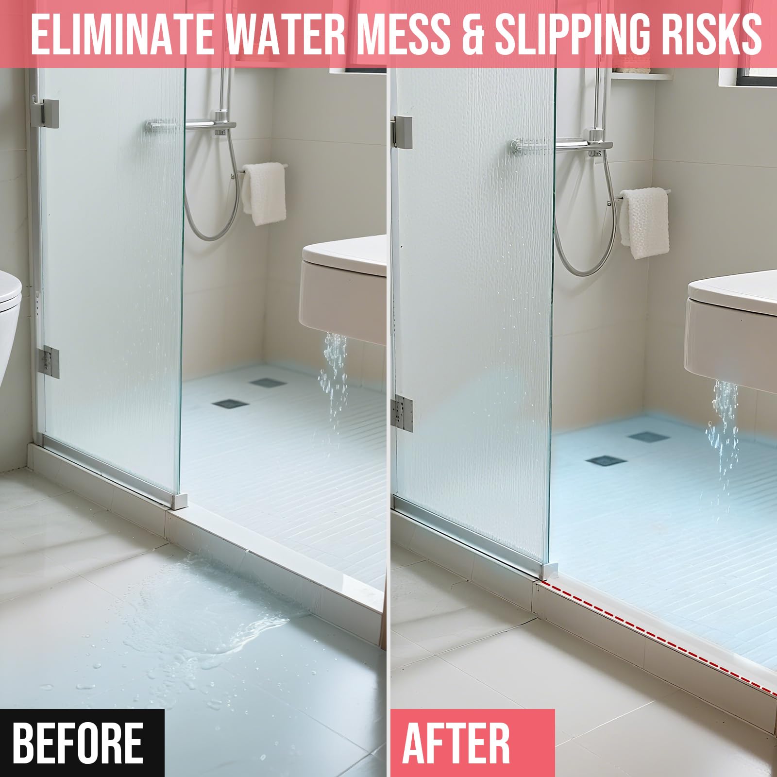 Shower Threshold Water Dam Barrier, 98 Inch Self-Adhesive Shower Water Dam for Bathroom Floor Dry and Wet Separation, Installs in Minutes Fits Kitchen Sink, Bathroom Floor, Shower Tray Applications