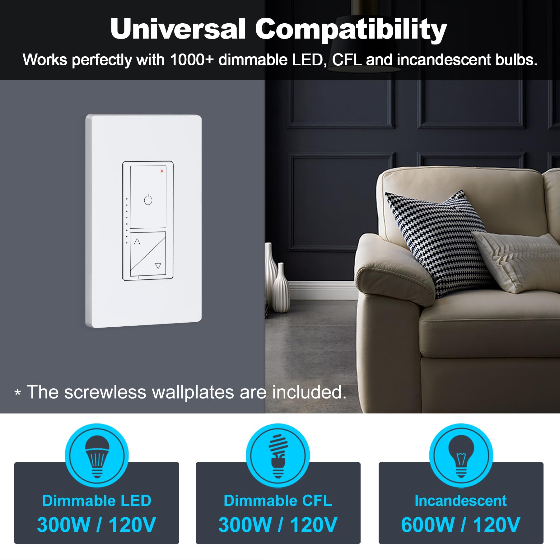 BESTTEN Digital LED Dimmer with Air Gap Power Cut-Off Switch and MCU Smart-chip Technology, Super Slim Design, 3 Button Control, Single Pole or 3 Way, Wallplates Included, cETL Listed, White