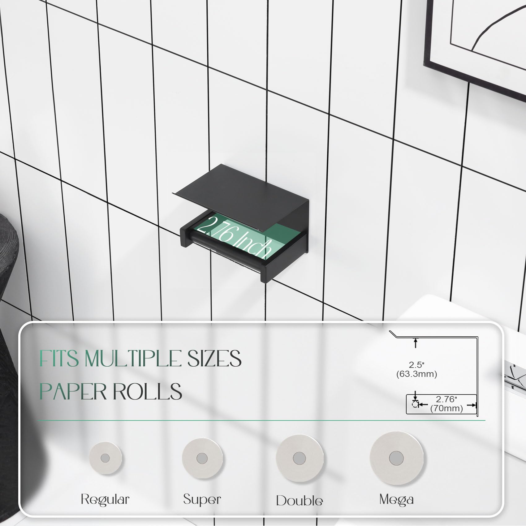 KOKOSIRI Roll Paper Holder Spring Loaded Tissue Paper Holder Bathroom Toilet Roll Holder with Shelf Wall Mounted Stainless Steel Matte Black B2012BK