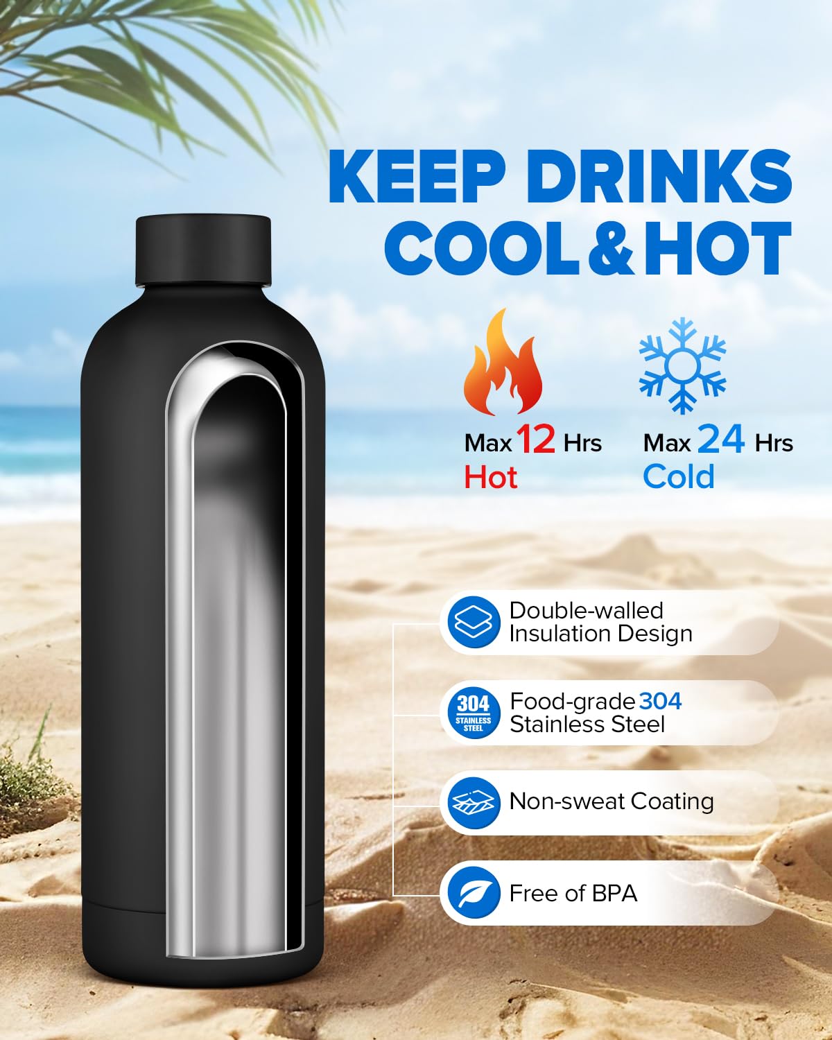 Insulated Water Bottle with Lid, 25 oz Reusable Leak-Proof Metal Stainless Steel Water Bottles for Travel, Sports, Gym, Outdoor (Black)