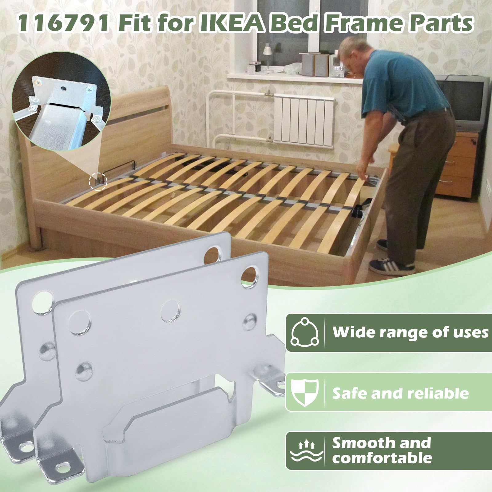116791 Mounting Plate Bed Frame Mounting Plates/Brackets Replacement for lKEA Bed Frame Part # 116791 Fits for Hemnes Malm Brimnes Tarva Kritter (2 Packs)