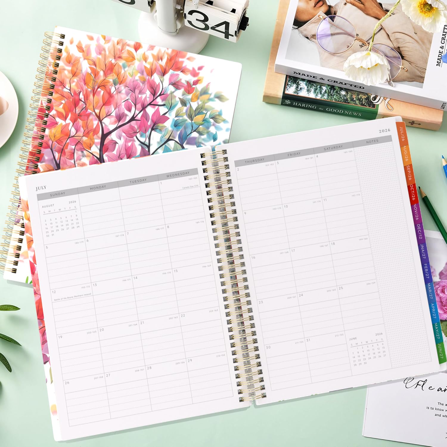 2026-2027 Appointment Book Weekly Quarter-Hourly, July 2026 - June 2027 Agenda 2026-2027 Academic Planner with Colorful Tabs, 8.5"x11", Spiral Binding, Hardcover, Note Pages, Pockets