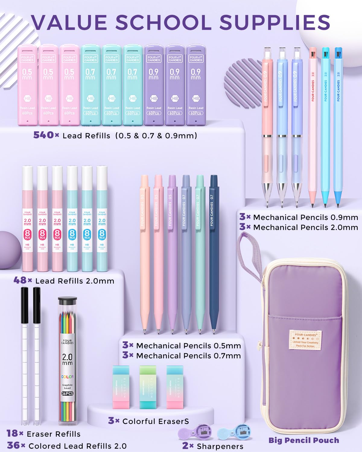 Four Candies 36PCS Aesthetic School Supplies, Mechanical Pencils 0.5mm, 0.7mm, 0.9mm & 2.0mm with 624PCS Lead Refills, Cute Mechanical Pencils for Writing, Drawing & Drafting (Purple)
