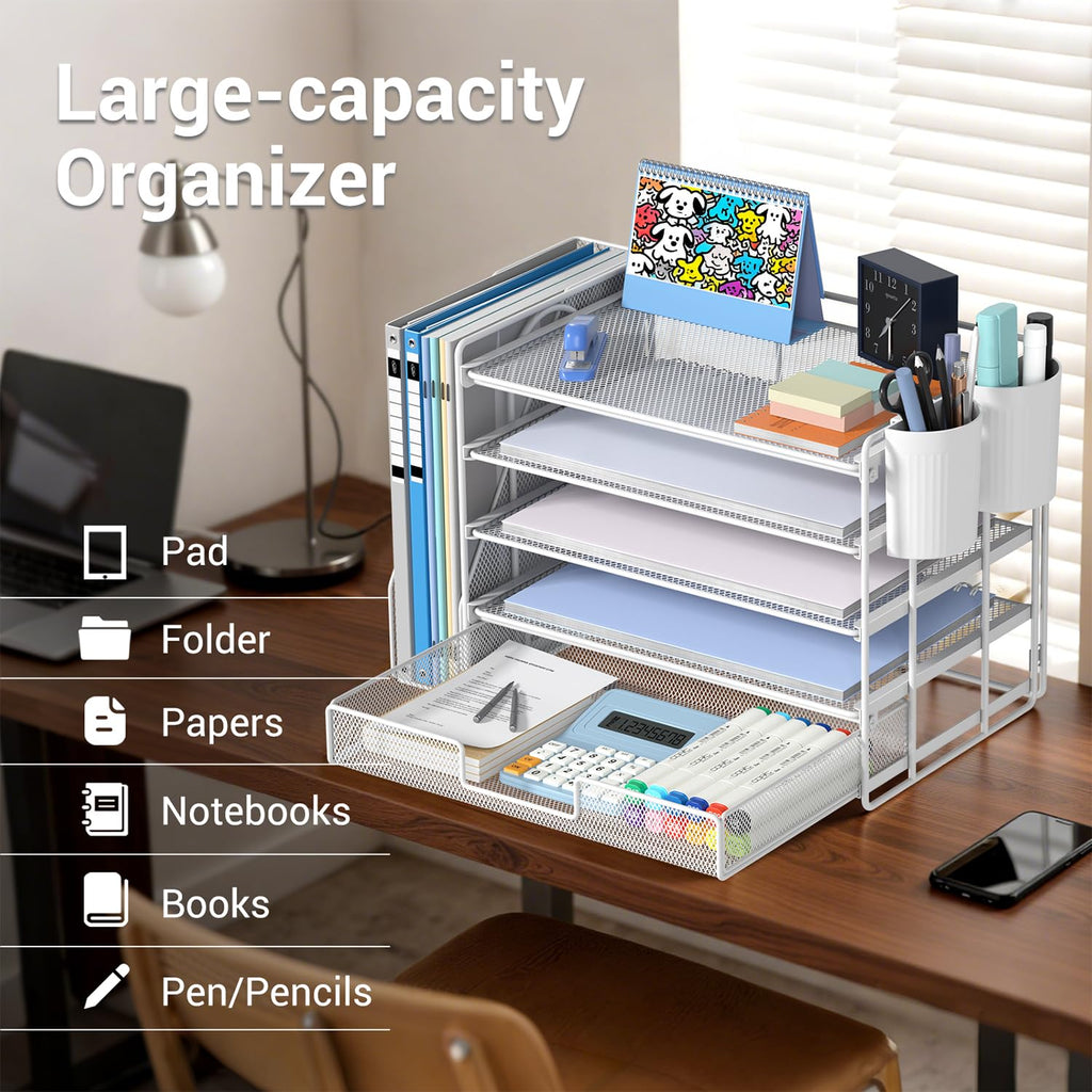 Gugsey Desk Organizer with File Holder, Organisateur et Accessoire de Bureau, 5-Tier Paper Letter Tray with Drawer and Pen Holder, Desktop Office Accessories for School, Home, Office Supplies (White)