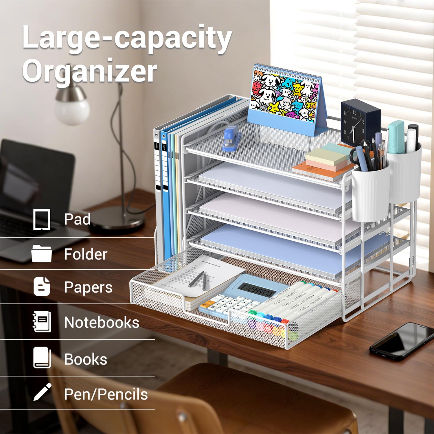 Gugsey Desk Organizer with File Holder, Organisateur et Accessoire de Bureau, 5-Tier Paper Letter Tray with Drawer and Pen Holder, Desktop Office Accessories for School, Home, Office Supplies (White)
