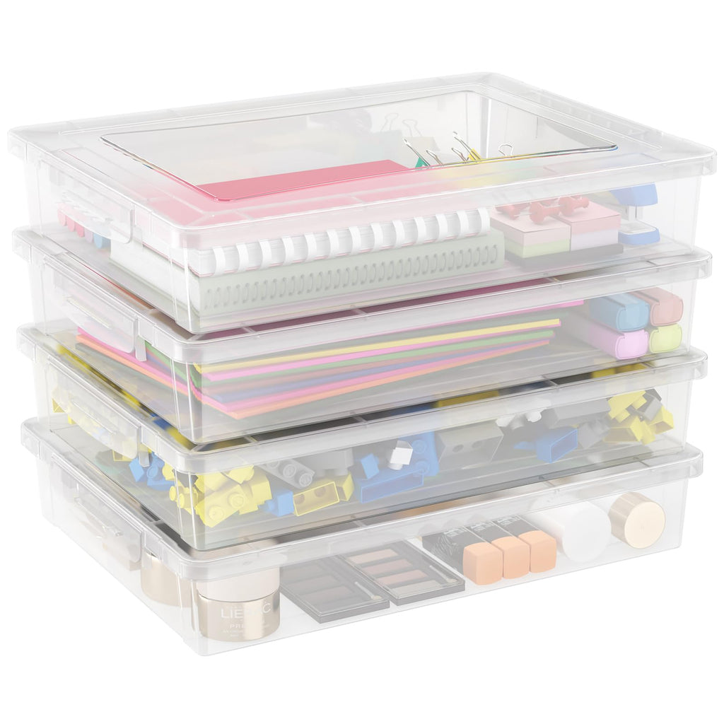 Lifewit 4 Pack Plastic Multi-Purpose Storage Box with Latching Lids, Clear A4 Paper Storage, Classroom Organization, Storage Containers for Craft, Document, Magazine, Art Supplies