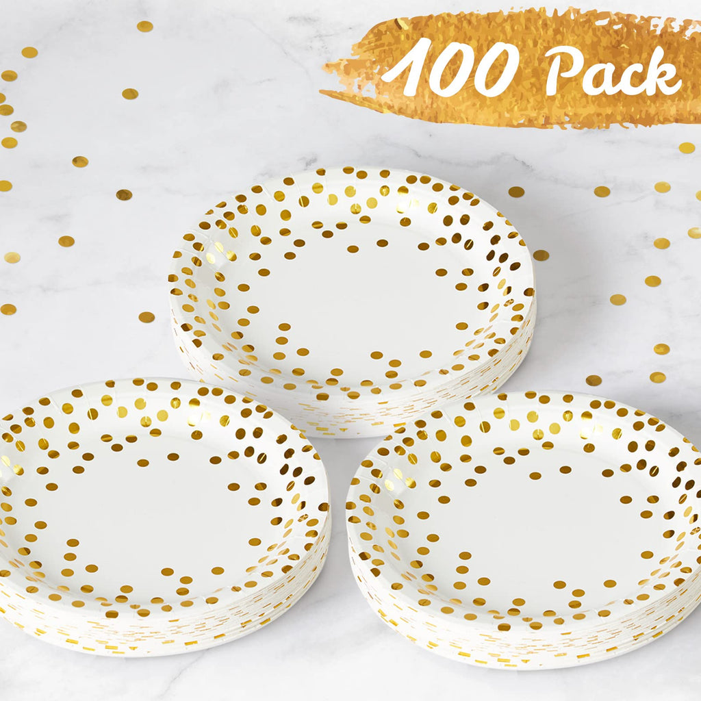 MATICAN 100-Pack Disposable White & Gold Party Plates, 9-Inch with Foil Polka Dots