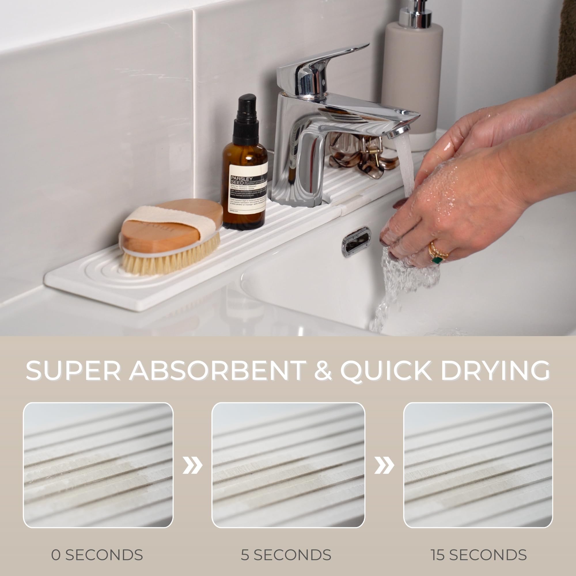 Natureva Home - Stone Faucet Mat | Diatomite Sink Splash Guard | Instant Drying Tray for Kitchen Bathroom Sinks | Made of Diatomaceous Earth | Absorbing Water Instantly | Design Arch | Colour Chalk