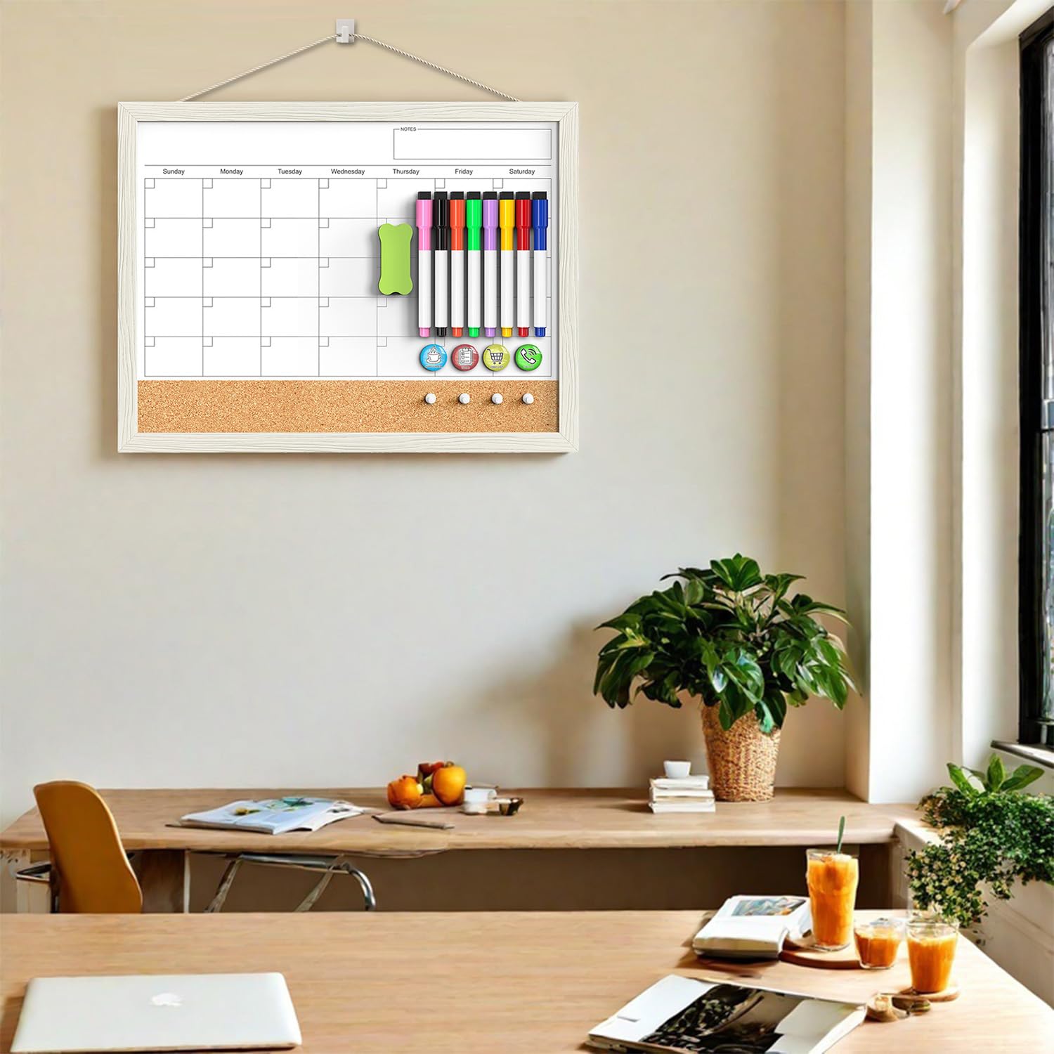 TANKEE 17"x13" Whiteboard Calendar Cork Board Combo, Magnetic White Board Monthly Calendar with Wood Framed, Hanging Dry Erase Board for Kitchen Home Office Planner