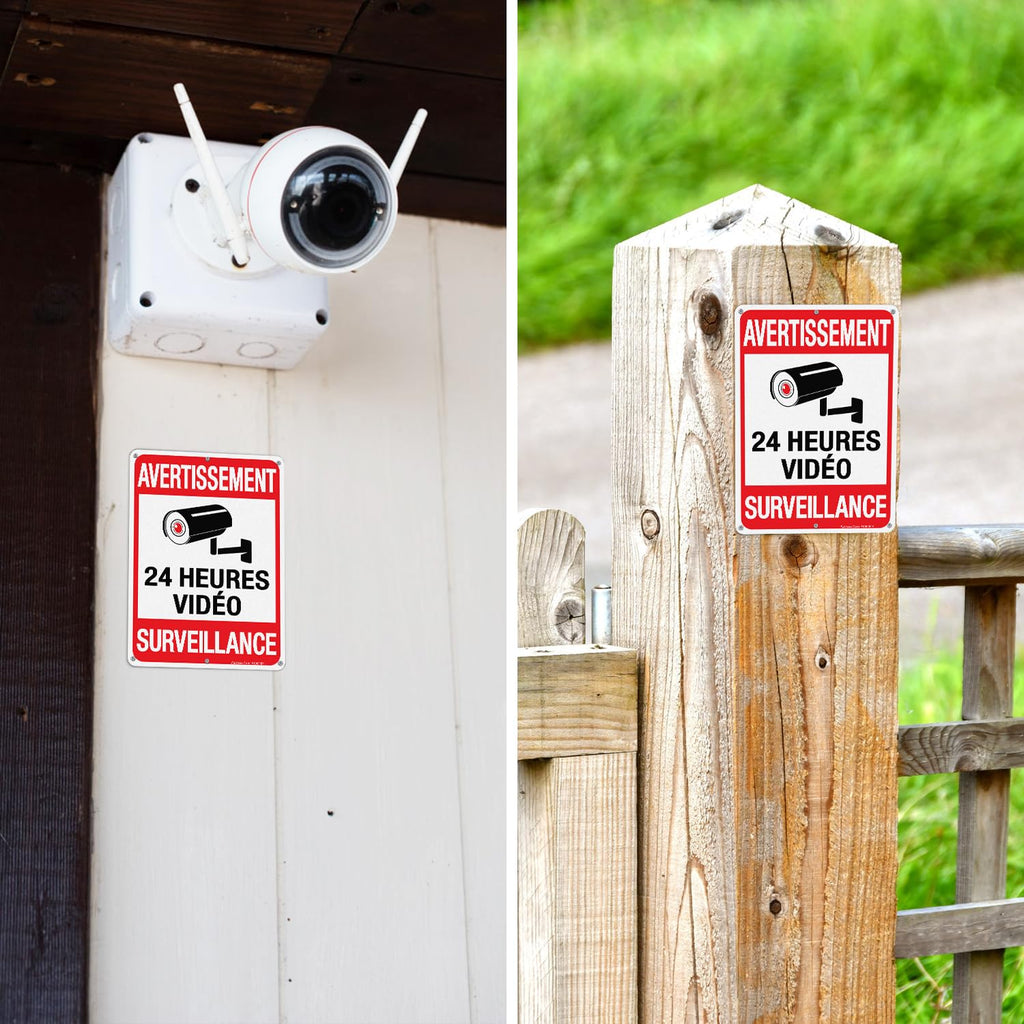 Faittoo 4 Packs de Avertissement 24 Heures Vidéos Signe, 7 Pouces par 10 Pouces, réfléchissant Aluminium. (4 Pack) French Video Surveillance Signs, 7" x 10", Reflective Aluminum, Indoor or Outdoor Use
