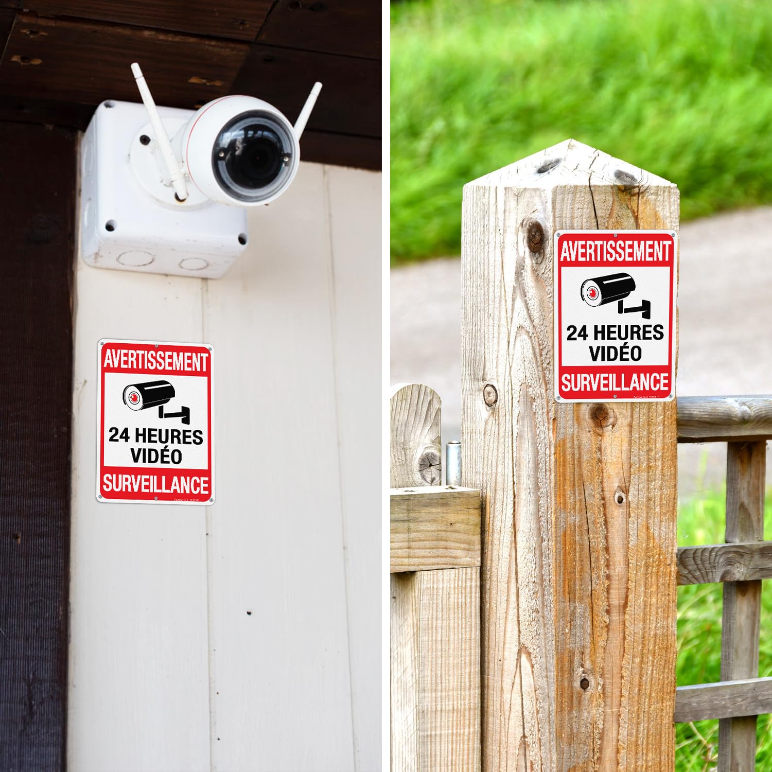 Faittoo 4 Packs de Avertissement 24 Heures Vidéos Signe, 7 Pouces par 10 Pouces, réfléchissant Aluminium. (4 Pack) French Video Surveillance Signs, 7" x 10", Reflective Aluminum, Indoor or Outdoor Use