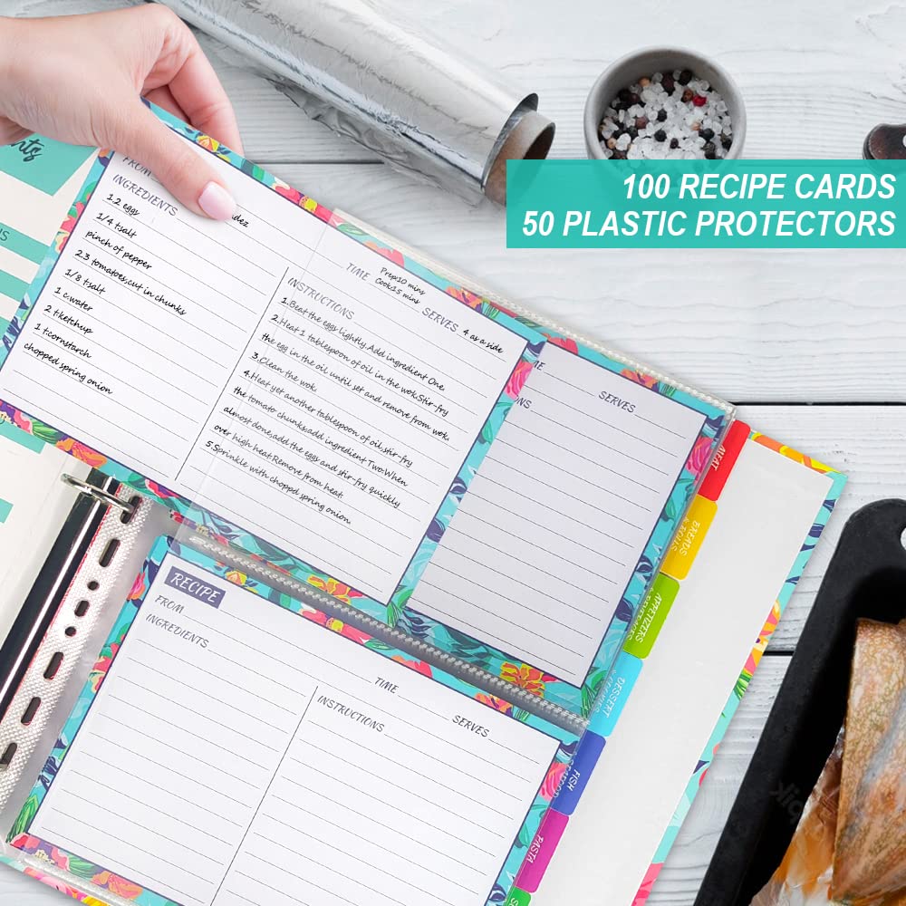 KiDEPOCH Recipe Binder Kit, 8.5 x 11 inch, 3 Ring Binder with 50 Plastic Sleeves, 100 Recipe Cards, 8 Dividers, Watercolor Floral Blue Design (XL)