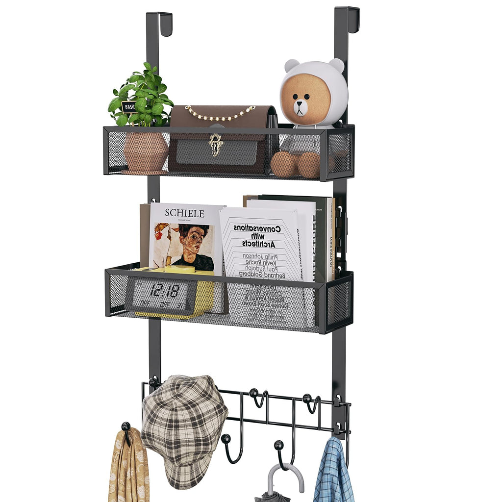 HapiRm Over The Door Organizer - Over The Door Hooks Hanger with 9 Coat Hooks +2 Mesh Baskets Storage Rack for Clothes Bag, No Drilling (for 1.76in Doors)