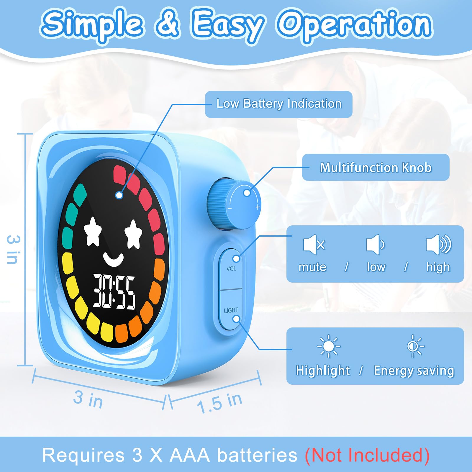 Visual Timer for Kids, 99 Minute Digital Cute Kids Visual Timer Classroom for Homeschool Supplies Study Teaching Time Management Tool Countdown & Stopwatch, Blue with Colorful Display