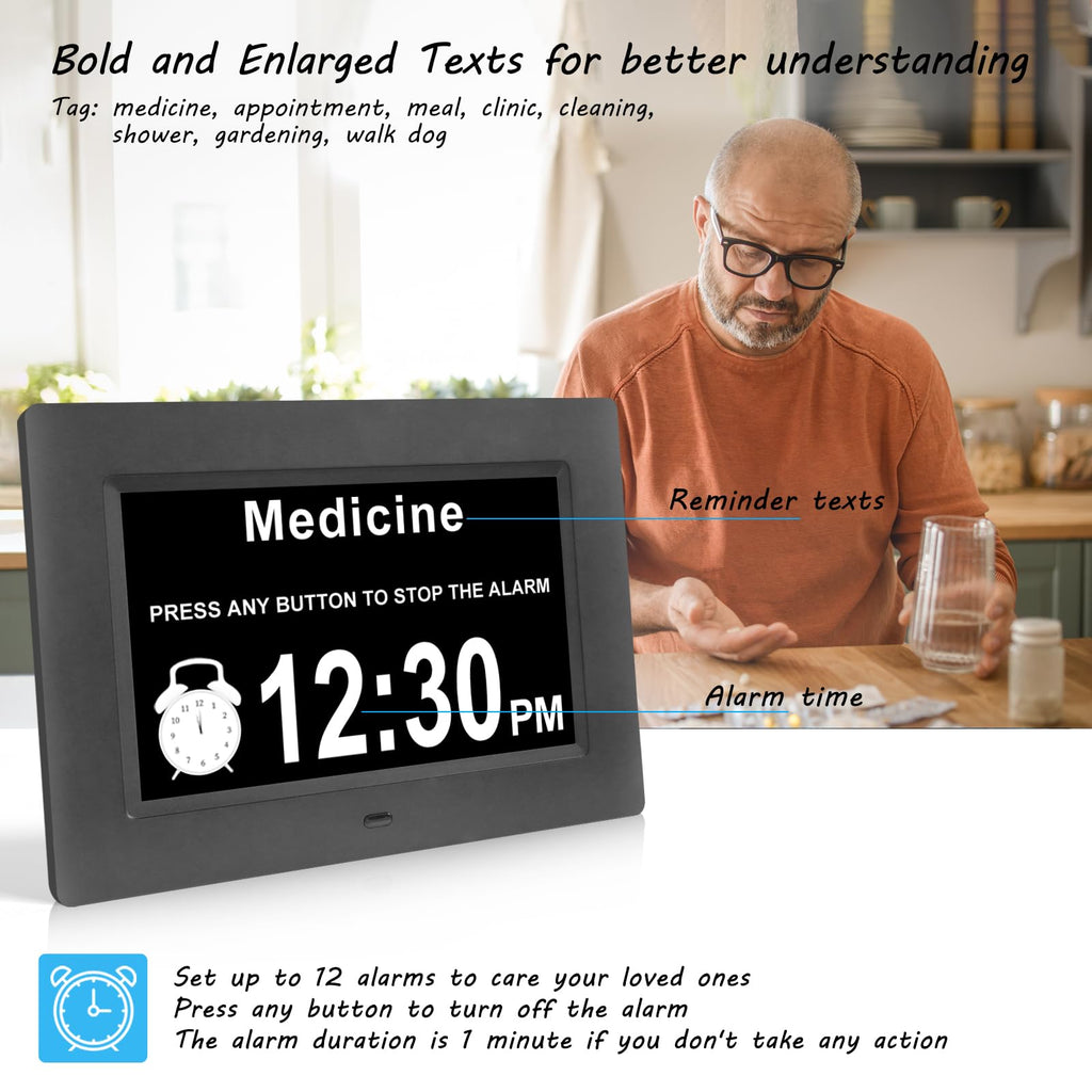 Dementia Clocks for Seniors,7 Inch Clock with Day and Date for Elderly,12 Alarms Option,Auto Dimmable,Large Number Digital Clock with Large Display