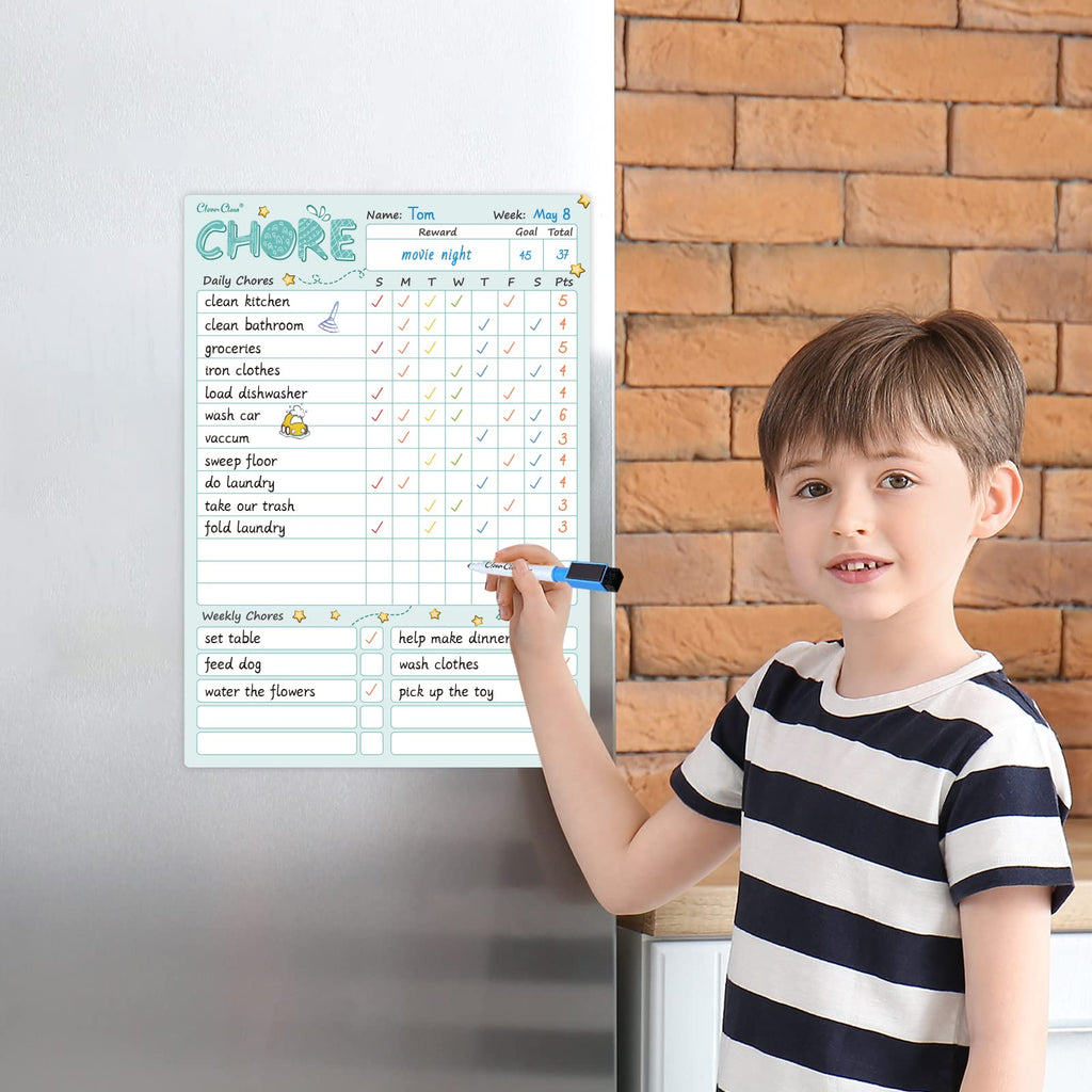 CLEVER CLEAN Magnetic Dry Erase Chore Chart - 8.5"x12" Behavior Responsibility Chore Board for Kids, Teenagers - 6 Extra Fine Point Markers Included - Shipped Flat 3 Pcs Blue Pink & Green