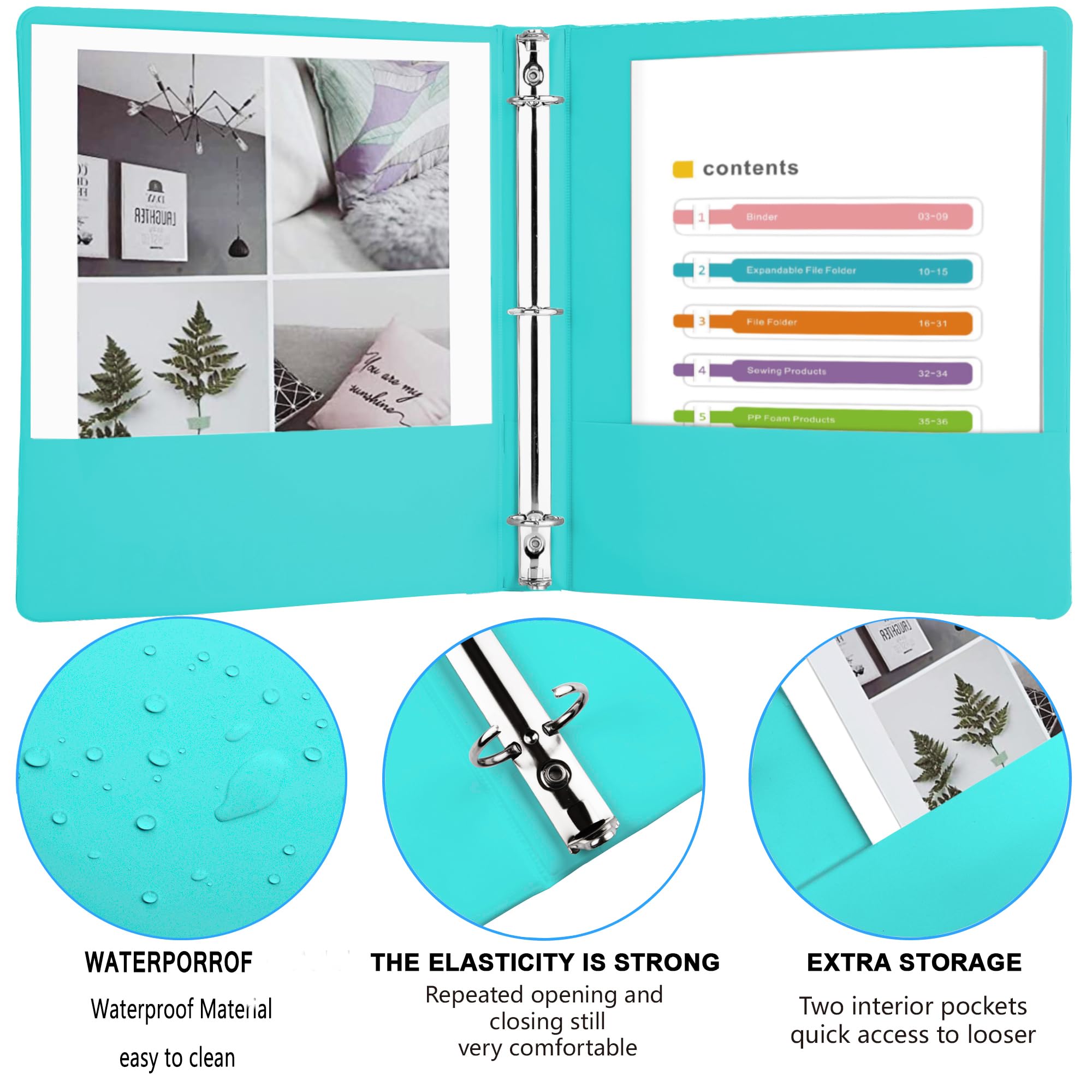 3 Ring Binders,1” Round Ring, Holds 8.5 * 11inch Papers, with 2 Pockets,6 Colors Binder Assorted Pack