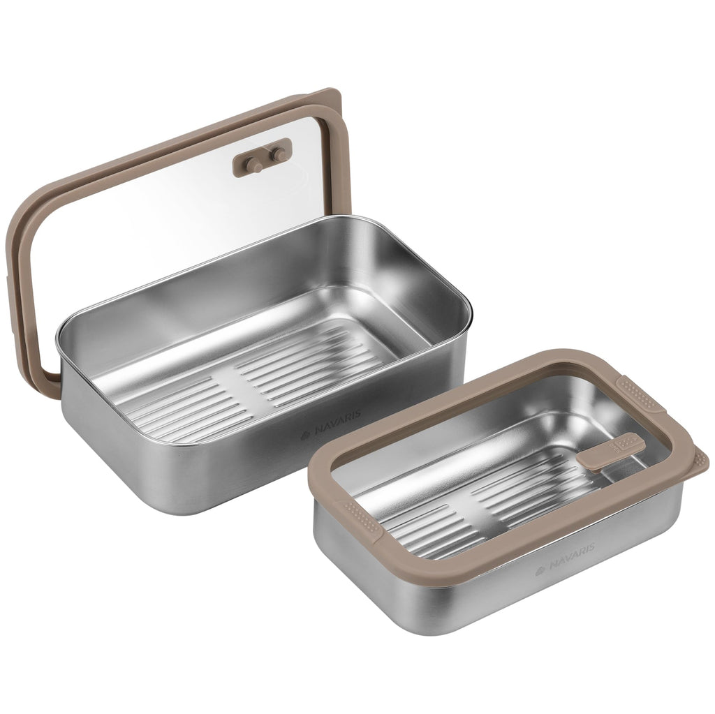 Navaris Microwave-Safe Steel Lunch Box - Microwavable & Reusable Stainless Steel Bento Box - Light & Durable - Lunch or Snack Container Bento Box and Food Storage - Set of 2 Brown