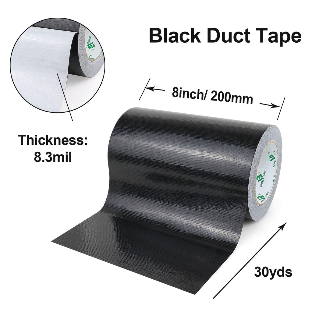 BOMEI PACK Wide Duct Tape 8Inch, Waterproof Strong Black Tape Gris Residue Free for Crafts and Repair, 1Roll 8.3Mil x 30yds