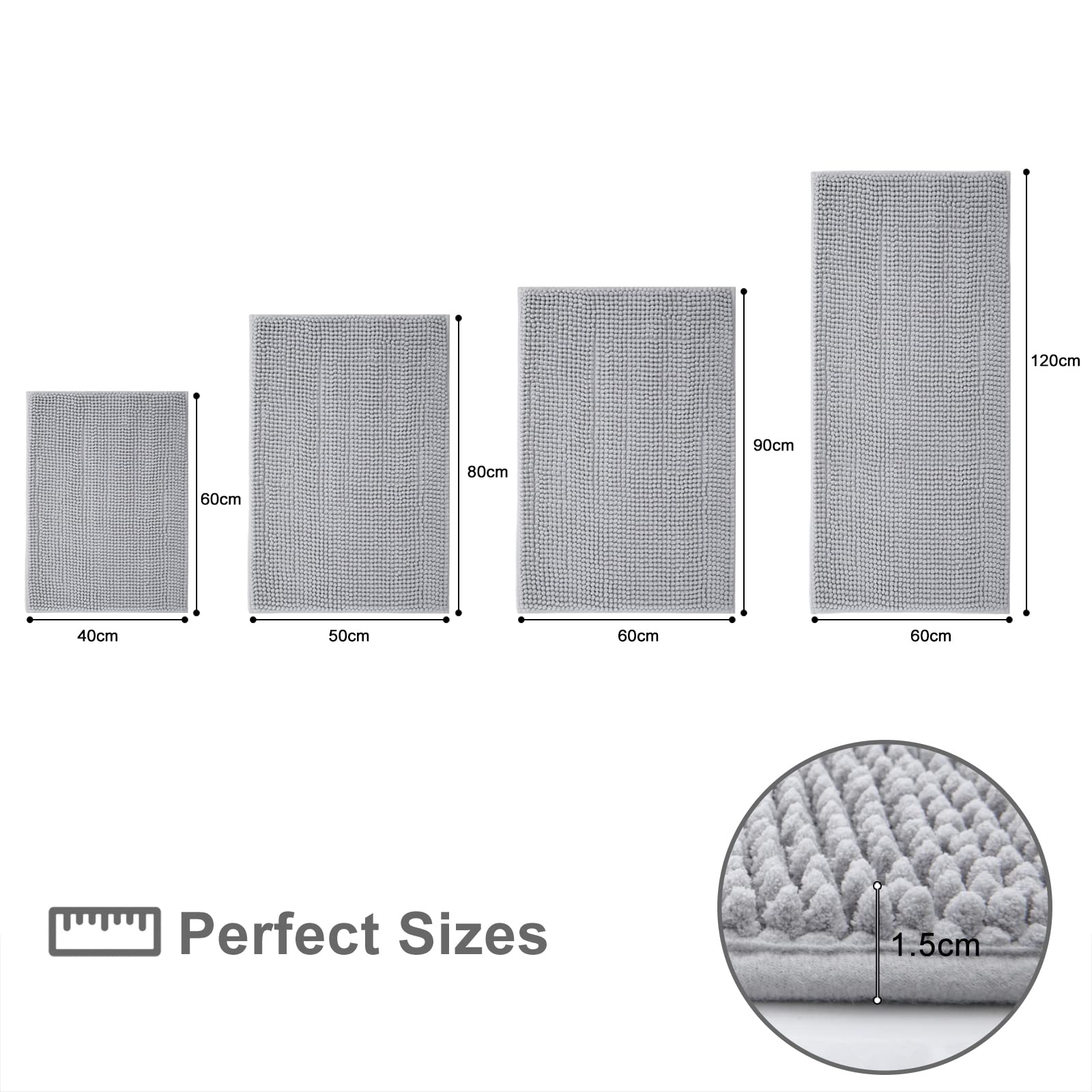 Kitinjoy Non Slip Chenille Bath Mat, Extra Soft Bathroom Mat, Super Absorbent Fluffy Bath Mats for Bathroom, Machine-Washable Quick Dry Bath Rug Foot Mat, 20"x32", Grey