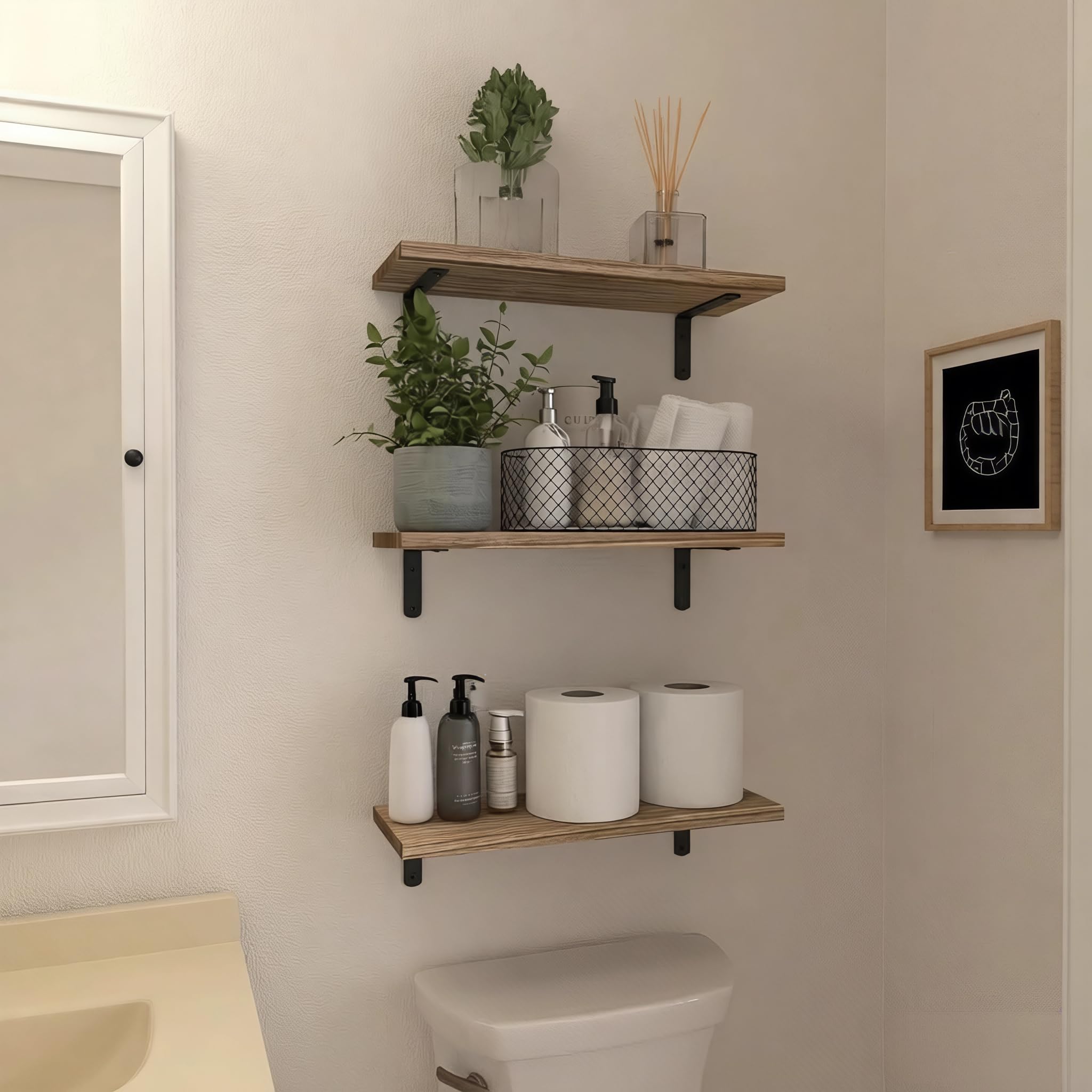 Wood Floating Shelves Set of 6, Shelves for Wall Decor, Farmhouse Shelf for Bedroom, Bathroom Storage Shelves, Book Shelves for Living Room - Rustic Brown
