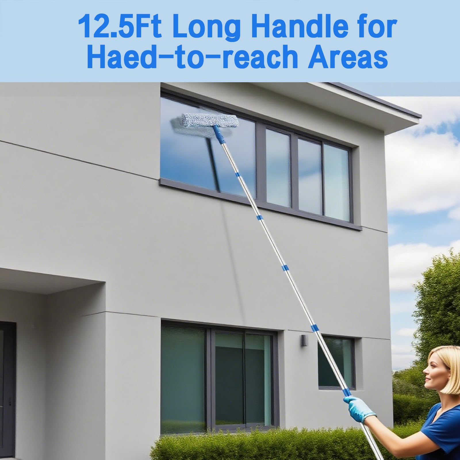 12.5Ft (3.8M) Telescopic Window Cleaner Kit - Extendable Pole, 37cm Scrubber(3X Replaceable Sleeves), Squeegee(35cm *2 & 25cm *1). Perfect Cleaning Equipment for High Windows, Shower Glass, Car, RV