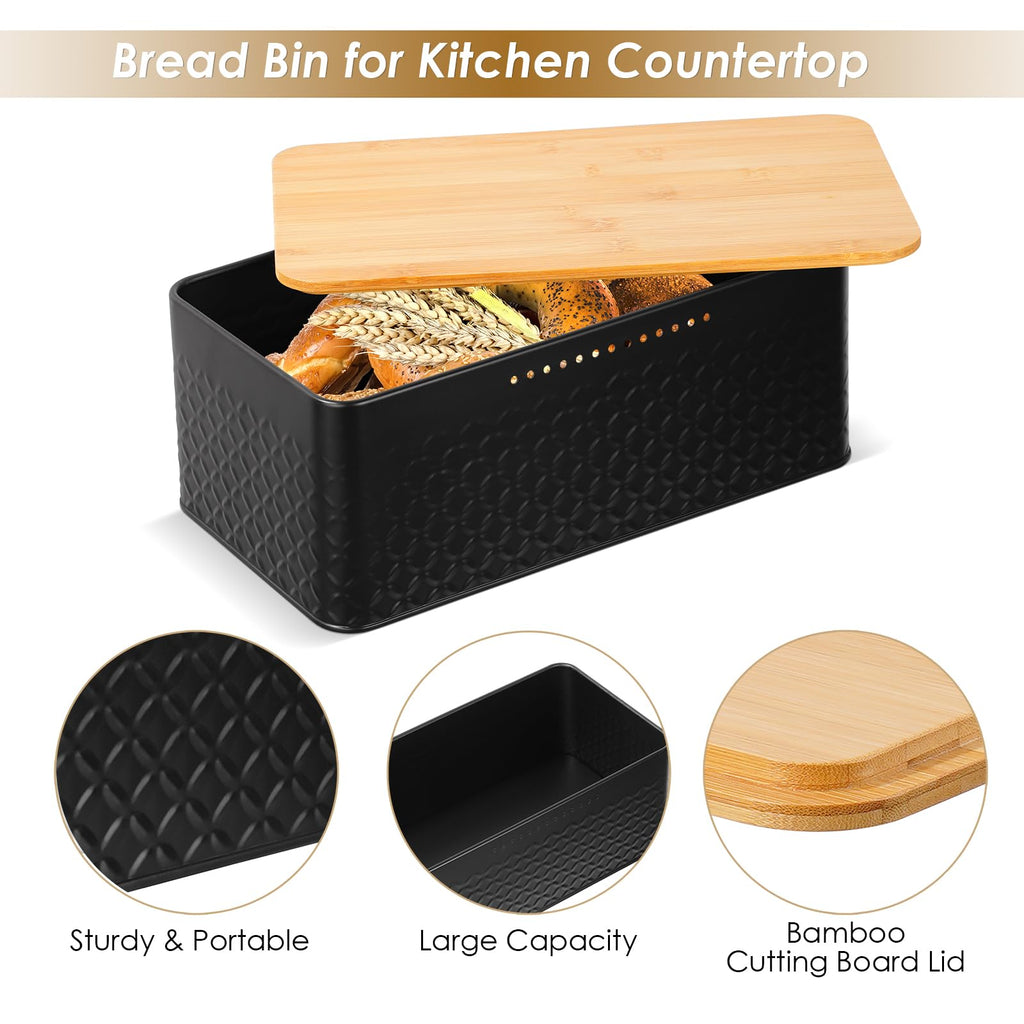 Pitmoly Bread Box, Metal Bread Container with Bamboo Lid, Bread Storage Container for Kitchen Countertop, Large Modern Bread Bin 13" x 7" x 5.3" (Black)