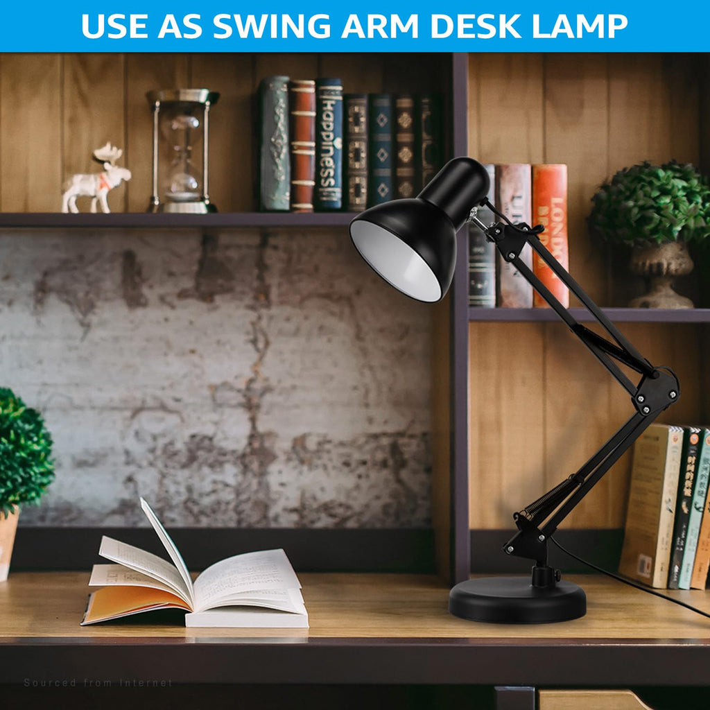 TORCHSTAR Metal Swing Arm Desk Lamp, Interchangeable Base Or Clamp, Classic Architect Clip On Table Lamp, Multi-Joint, Adjustable Arm, Black Finish (UL Plug)