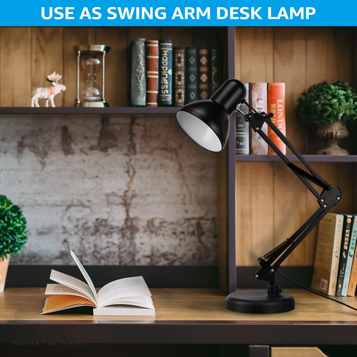 TORCHSTAR Metal Swing Arm Desk Lamp, Interchangeable Base Or Clamp, Classic Architect Clip On Table Lamp, Multi-Joint, Adjustable Arm, Black Finish (UL Plug)