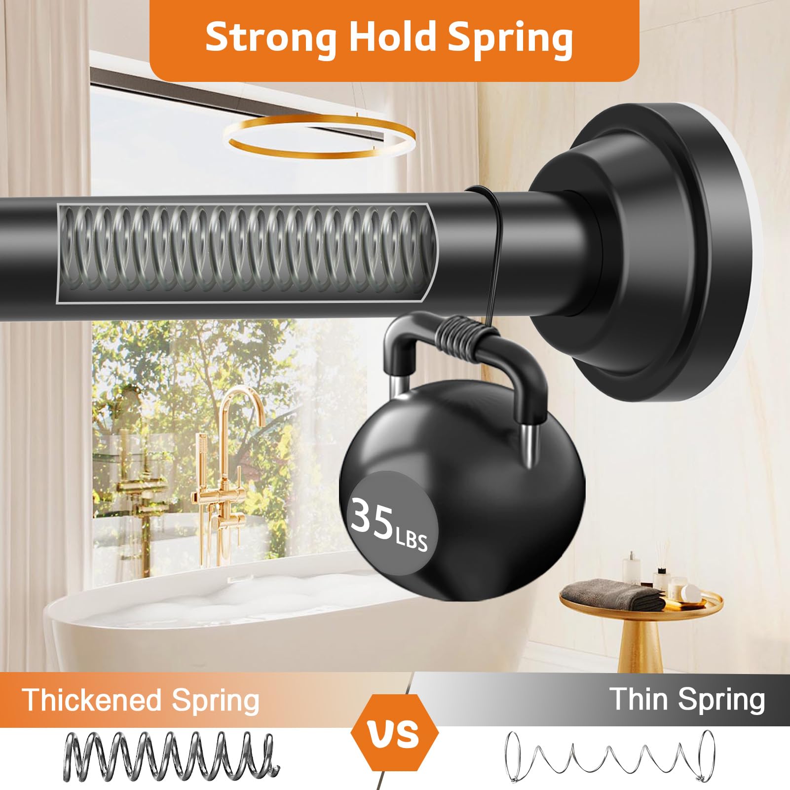 Haryaers Matte Black Shower Curtain Rod, 40-76 Inches No Drilling Adjustable Tension Curtain Rods for Bathroom, Stainless Steel Metal Spring, 1 Inch Diameter, Anti-Slip, No Rust