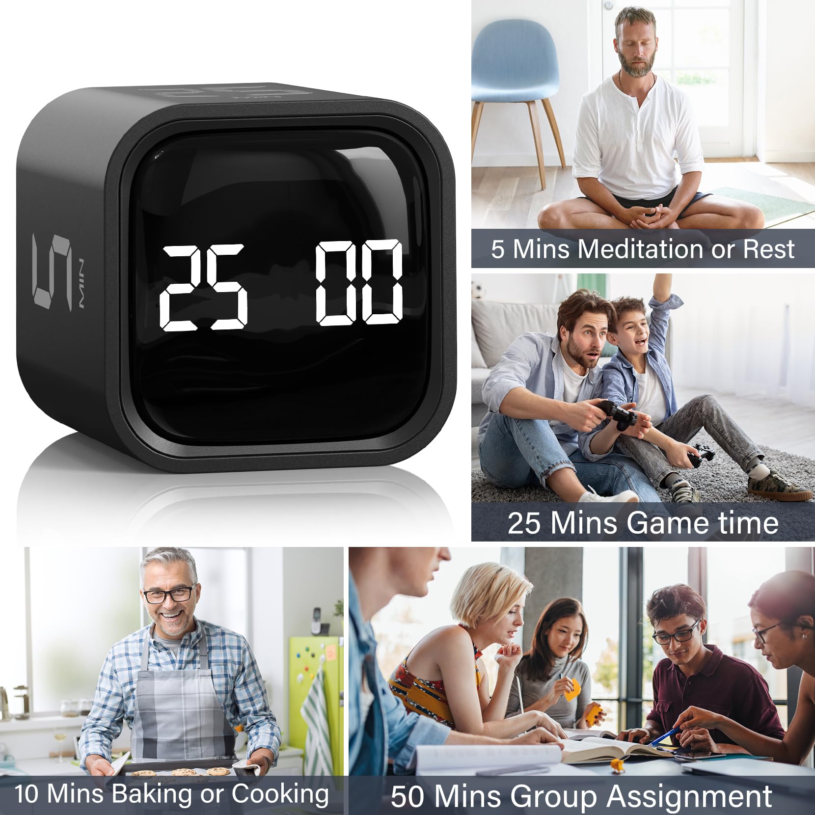 Rotating Pomodoro Timer 5, 25, 10 50 Minutes Preset, Desk Productivity Flip Timer, ADHD Tool Cube Countdown Stopwatch, Vibration/High/Low Volume/Custom Modes, for Work, Study, Back to School, Kitchen
