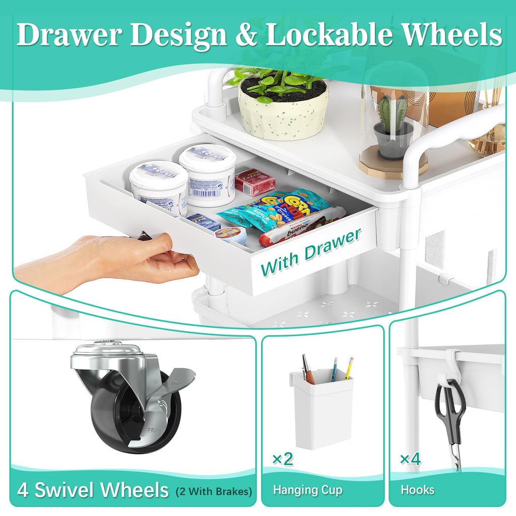 SUNALLY 3 Tier Rolling Storage Carts with Drawer, Storage Cart Organizer with Lockable Wheels Rolling Utility Organizing Cart for Bathroom Kitchen Bedside Art Craft Snake Makeup Lash Nail Baby, White